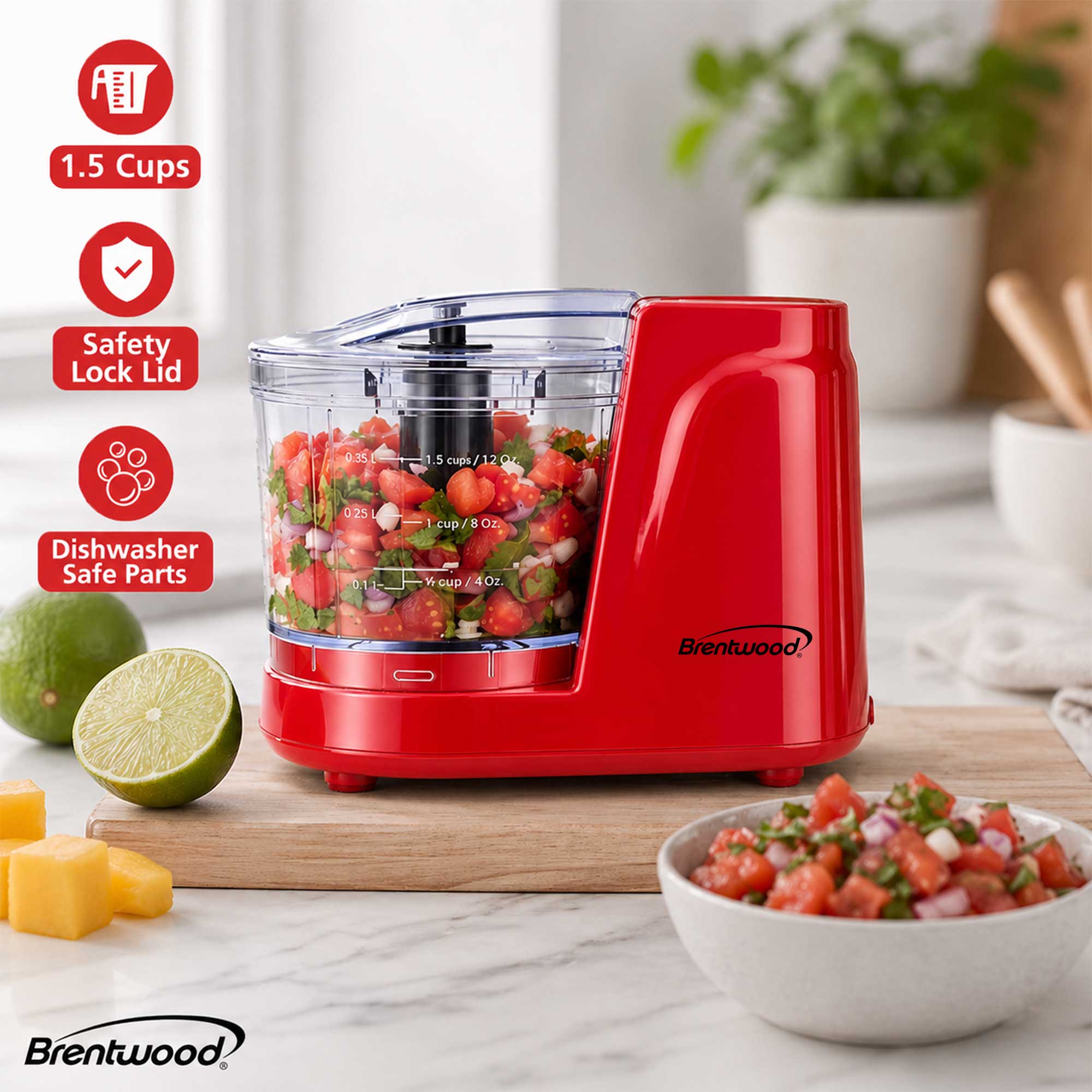 Brentwood MC-102R 1.5 Cup Mini Food Chopper, One Touch Pulse, Stainless Steel Blades, Drizzle Hole, Dishwasher Safe Parts, Red