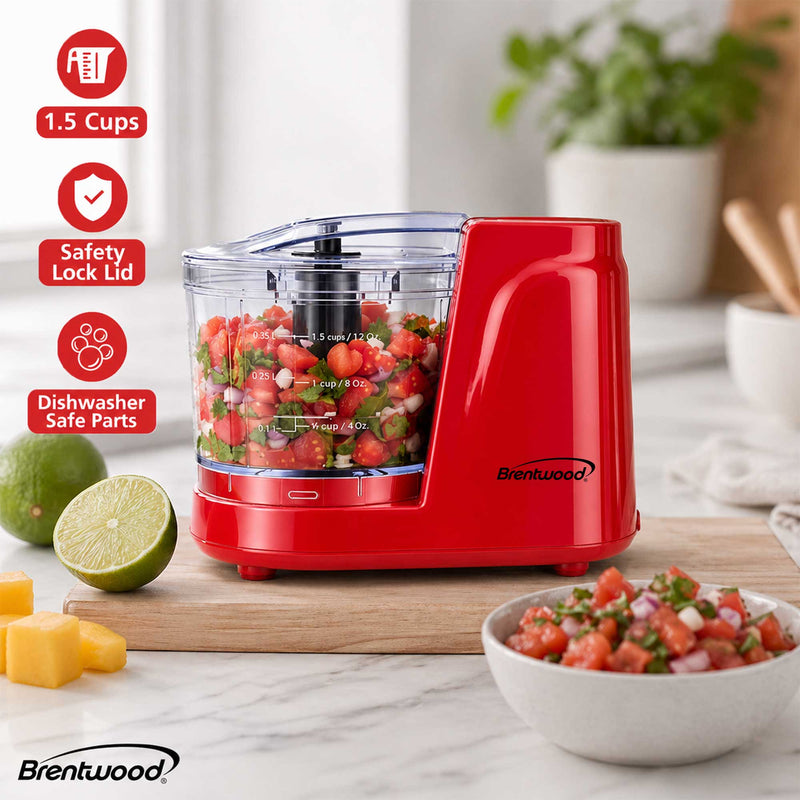 Brentwood MC-102R 1.5 Cup Mini Food Chopper, One Touch Pulse, Stainless Steel Blades, Drizzle Hole, Dishwasher Safe Parts, Red