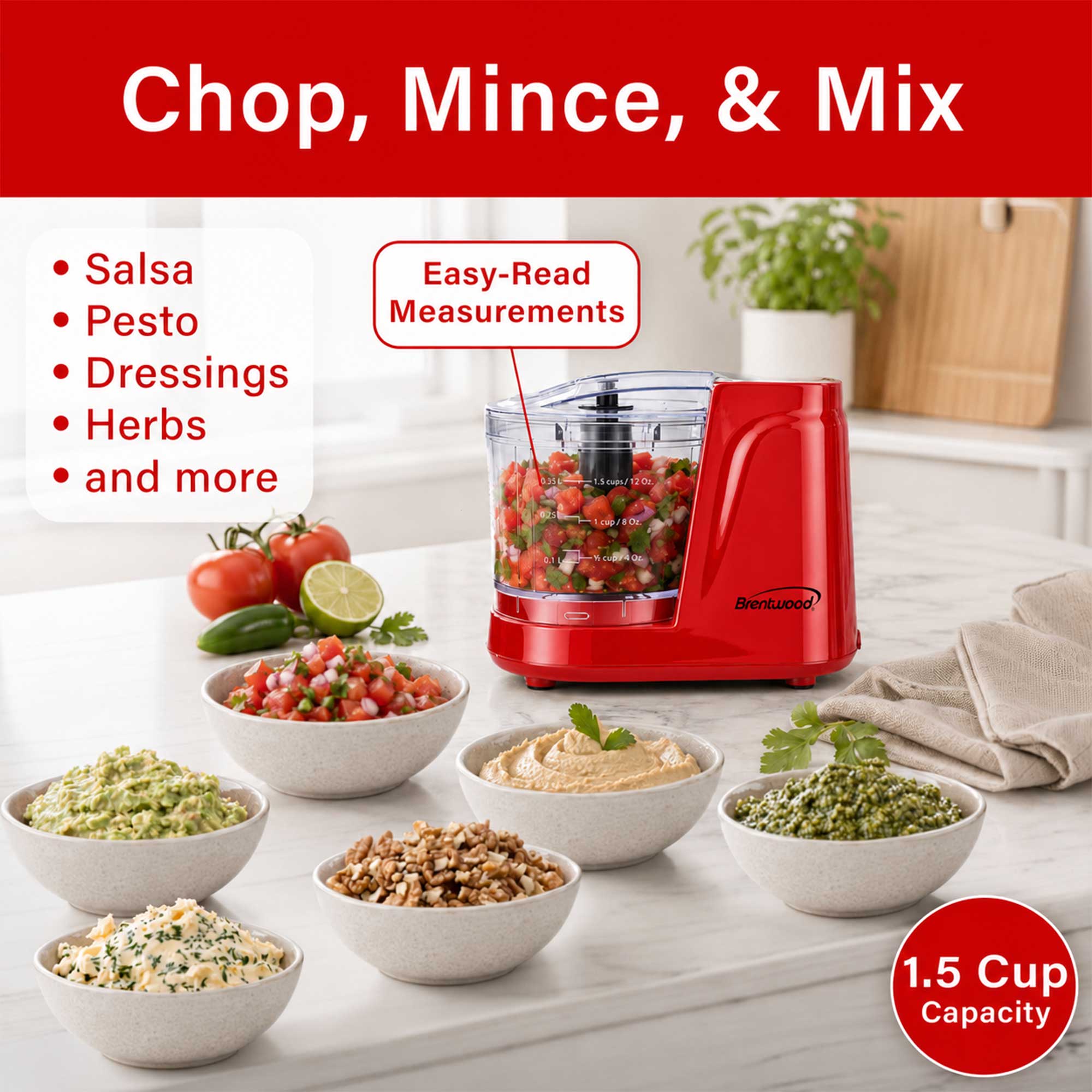 Brentwood MC-102R 1.5 Cup Mini Food Chopper, One Touch Pulse, Stainless Steel Blades, Drizzle Hole, Dishwasher Safe Parts, Red