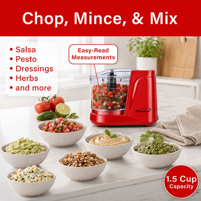 Brentwood MC-102R 1.5 Cup Mini Food Chopper, One Touch Pulse, Stainless Steel Blades, Drizzle Hole, Dishwasher Safe Parts, Red