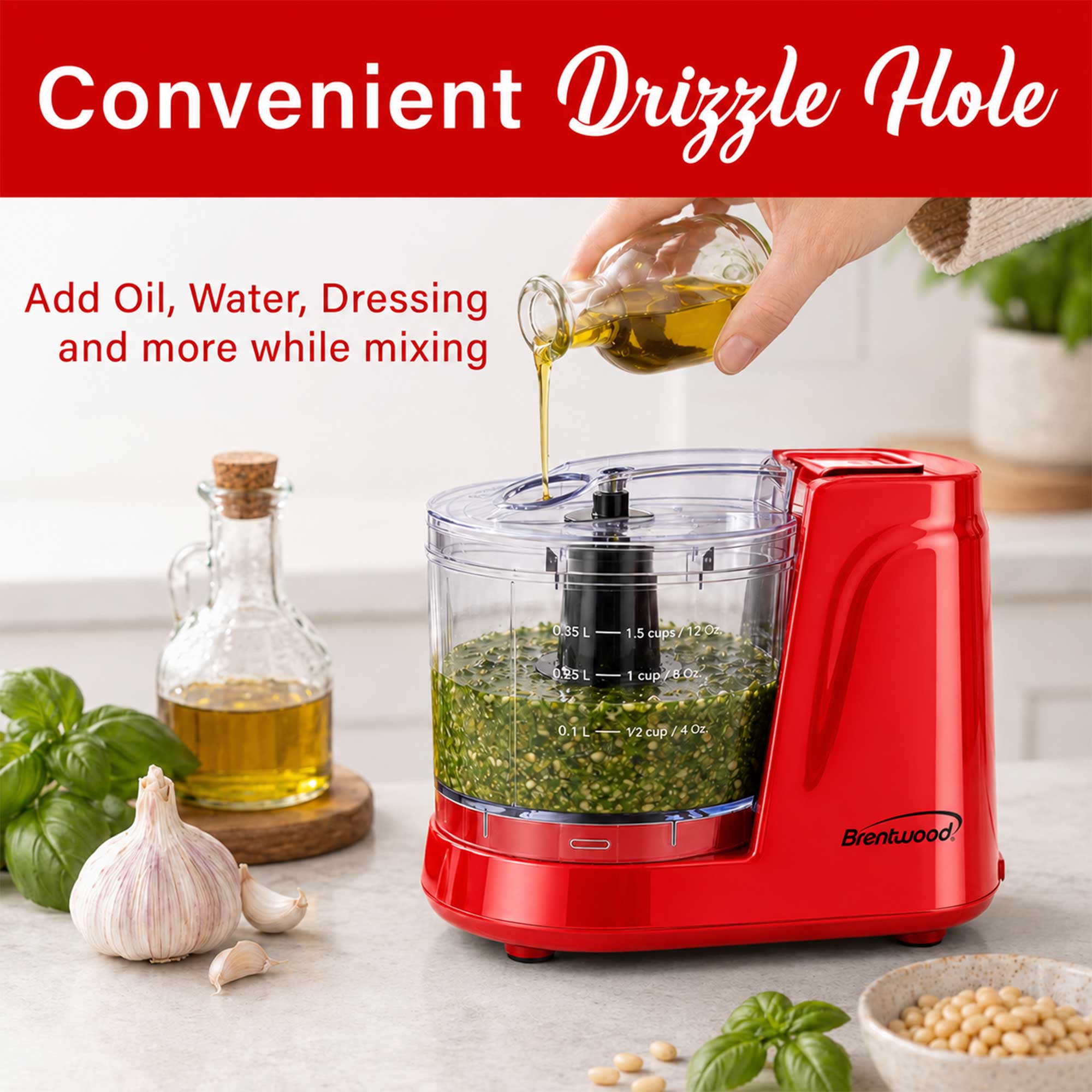 Brentwood MC-102R 1.5 Cup Mini Food Chopper, One Touch Pulse, Stainless Steel Blades, Drizzle Hole, Dishwasher Safe Parts, Red