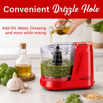 Brentwood MC-102R 1.5 Cup Mini Food Chopper, One Touch Pulse, Stainless Steel Blades, Drizzle Hole, Dishwasher Safe Parts, Red