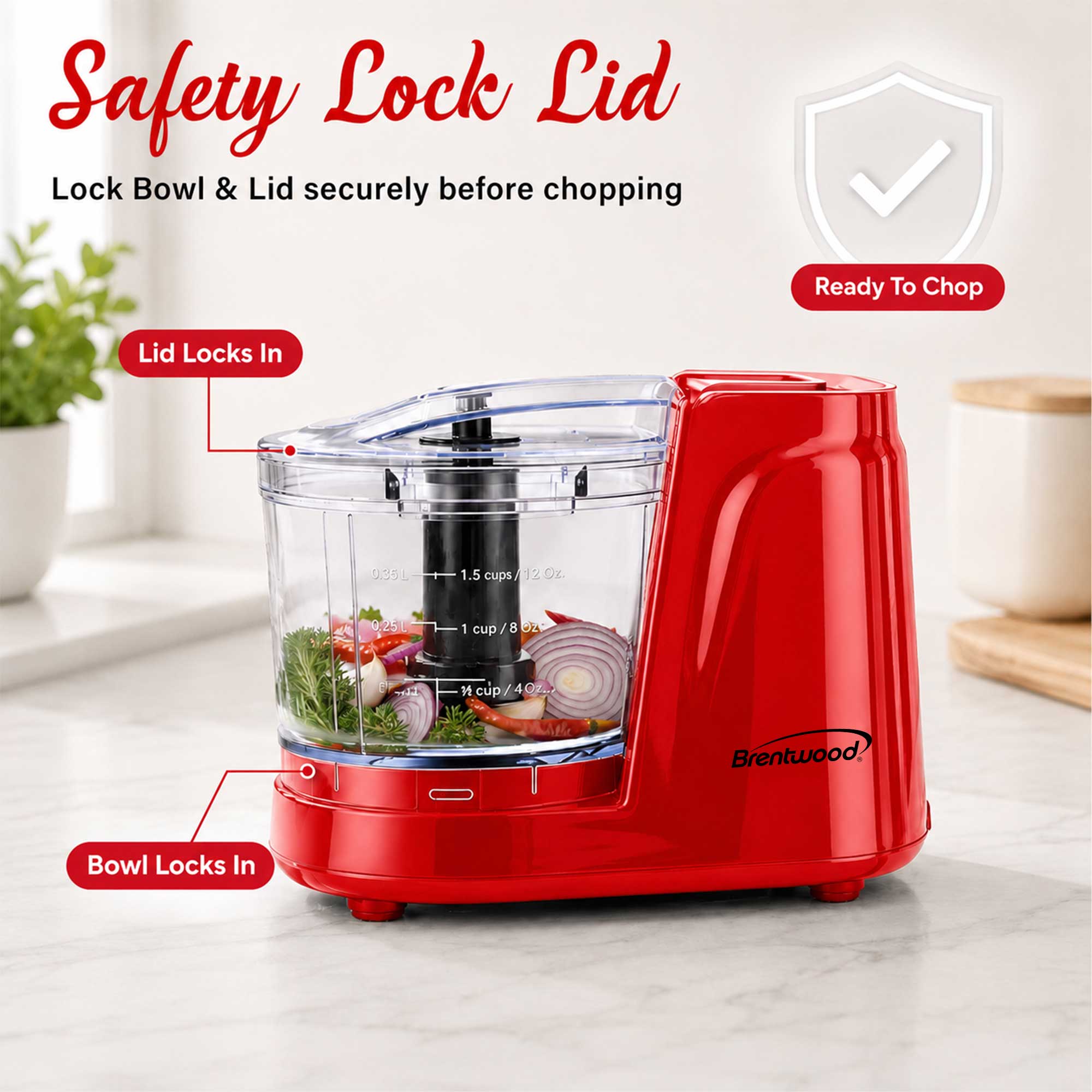 Brentwood MC-102R 1.5 Cup Mini Food Chopper, One Touch Pulse, Stainless Steel Blades, Drizzle Hole, Dishwasher Safe Parts, Red