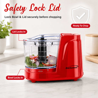 Brentwood MC-102R 1.5 Cup Mini Food Chopper, One Touch Pulse, Stainless Steel Blades, Drizzle Hole, Dishwasher Safe Parts, Red