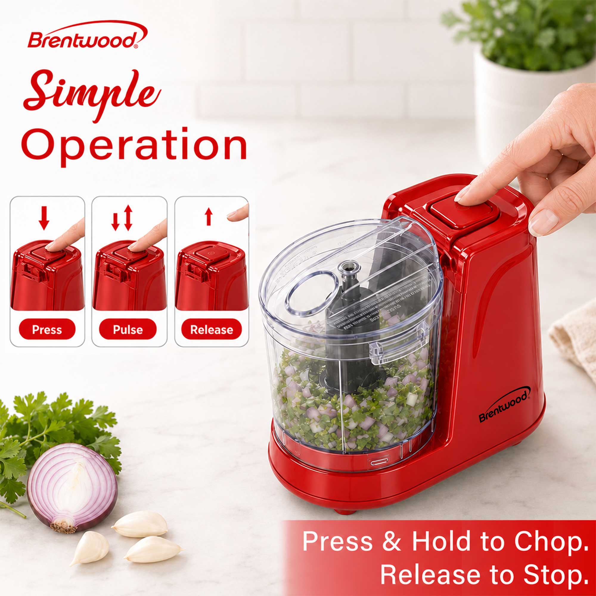 Brentwood MC-102R 1.5 Cup Mini Food Chopper, One Touch Pulse, Stainless Steel Blades, Drizzle Hole, Dishwasher Safe Parts, Red