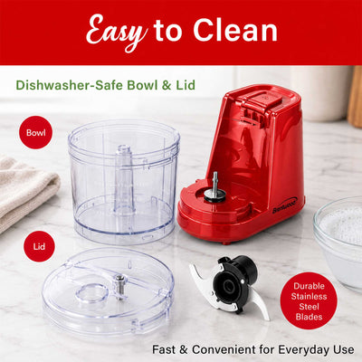 Brentwood MC-102R 1.5 Cup Mini Food Chopper, One Touch Pulse, Stainless Steel Blades, Drizzle Hole, Dishwasher Safe Parts, Red