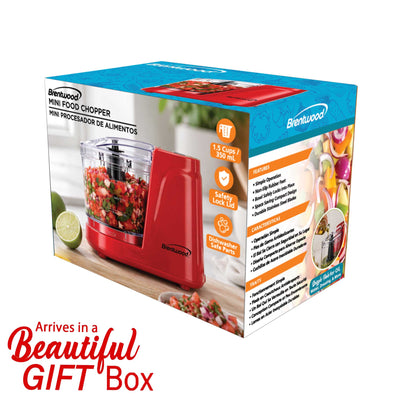 Brentwood MC-102R 1.5 Cup Mini Food Chopper, One Touch Pulse, Stainless Steel Blades, Drizzle Hole, Dishwasher Safe Parts, Red