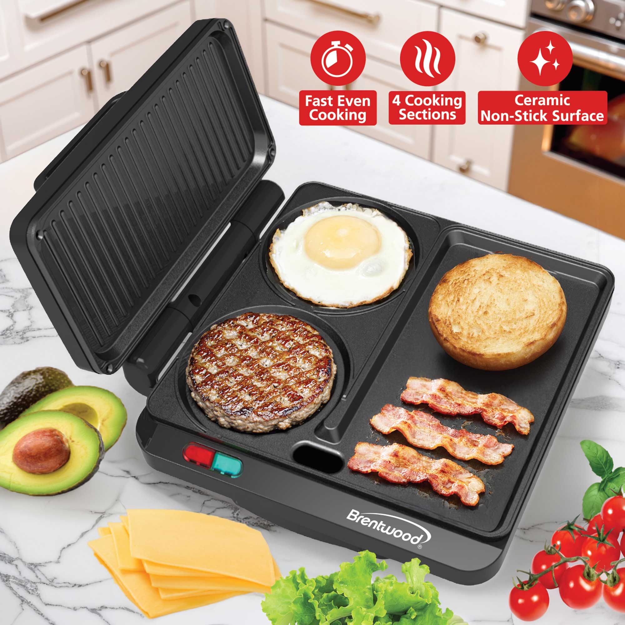 Brentwood TS-812BK 1000w Multipurpose Sandwich Maker and Hamburger Grill with Burger Press, Ceramic Non-Stick, and Cool Touch Housing, Black