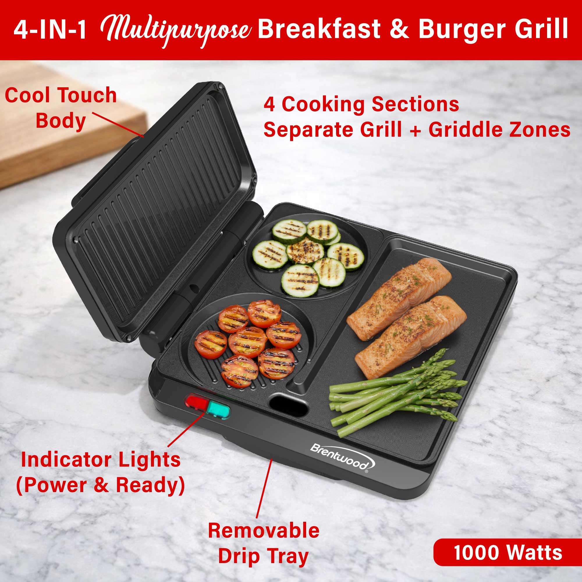 Brentwood TS-812BK 1000w Multipurpose Sandwich Maker and Hamburger Grill with Burger Press, Ceramic Non-Stick, and Cool Touch Housing, Black