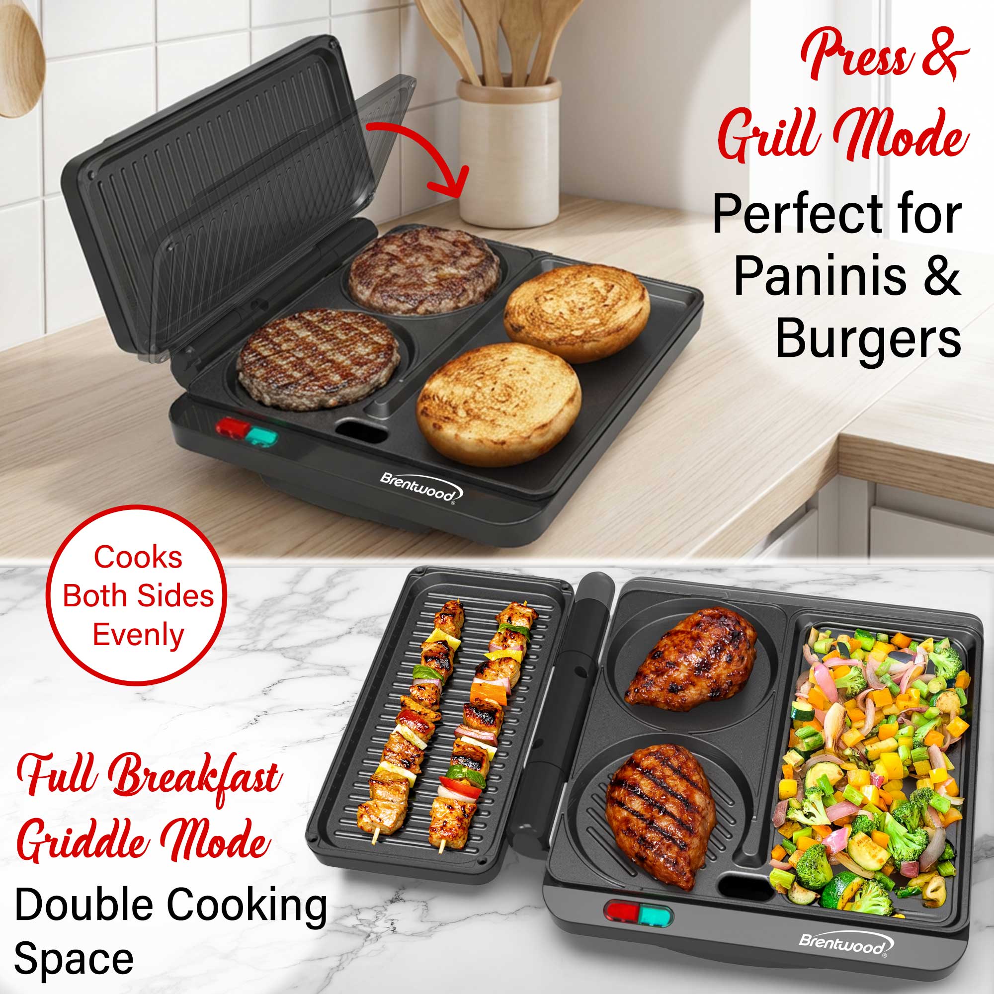 Brentwood TS-812BK 1000w Multipurpose Sandwich Maker and Hamburger Grill with Burger Press, Ceramic Non-Stick, and Cool Touch Housing, Black