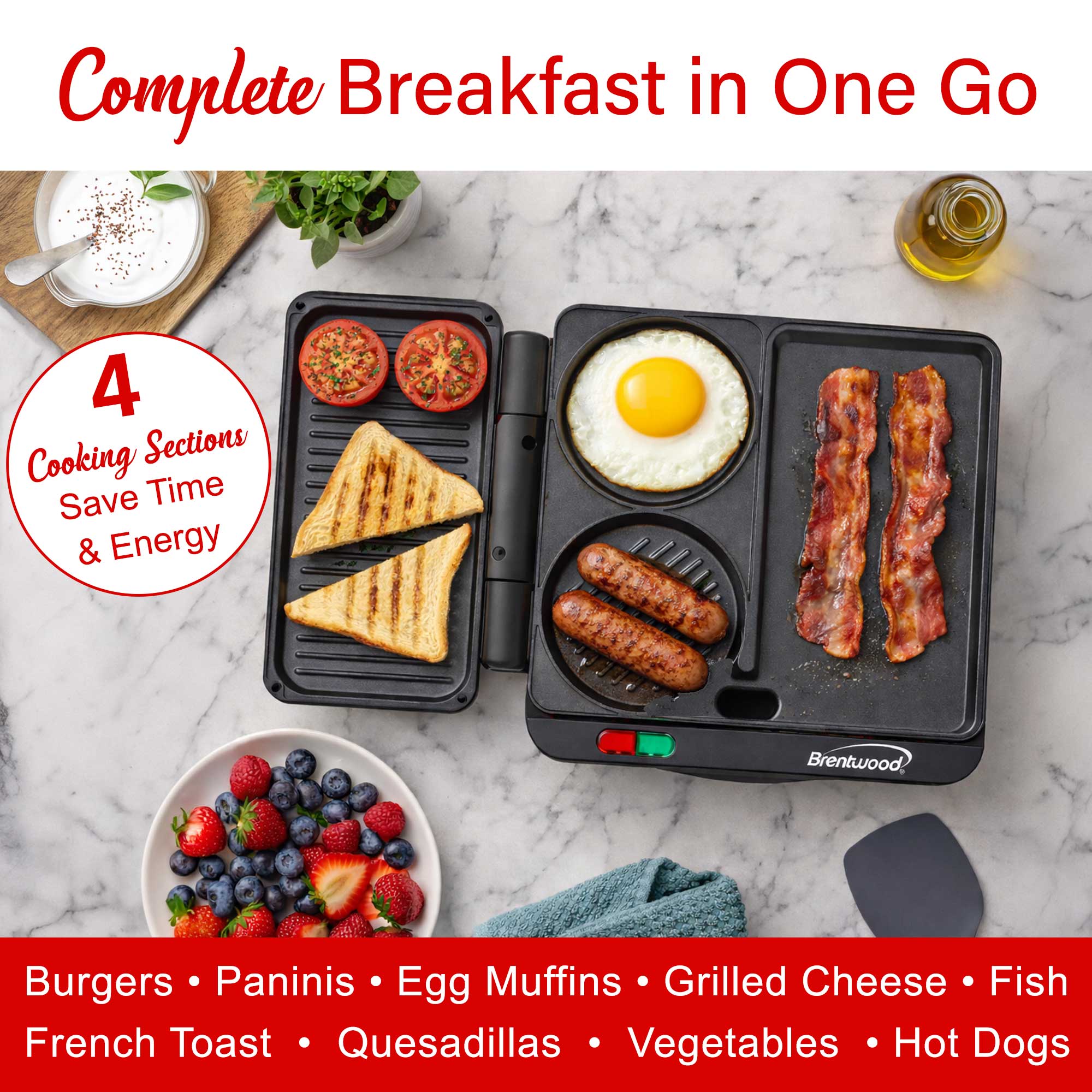 Brentwood TS-812BK 1000w Multipurpose Sandwich Maker and Hamburger Grill with Burger Press, Ceramic Non-Stick, and Cool Touch Housing, Black