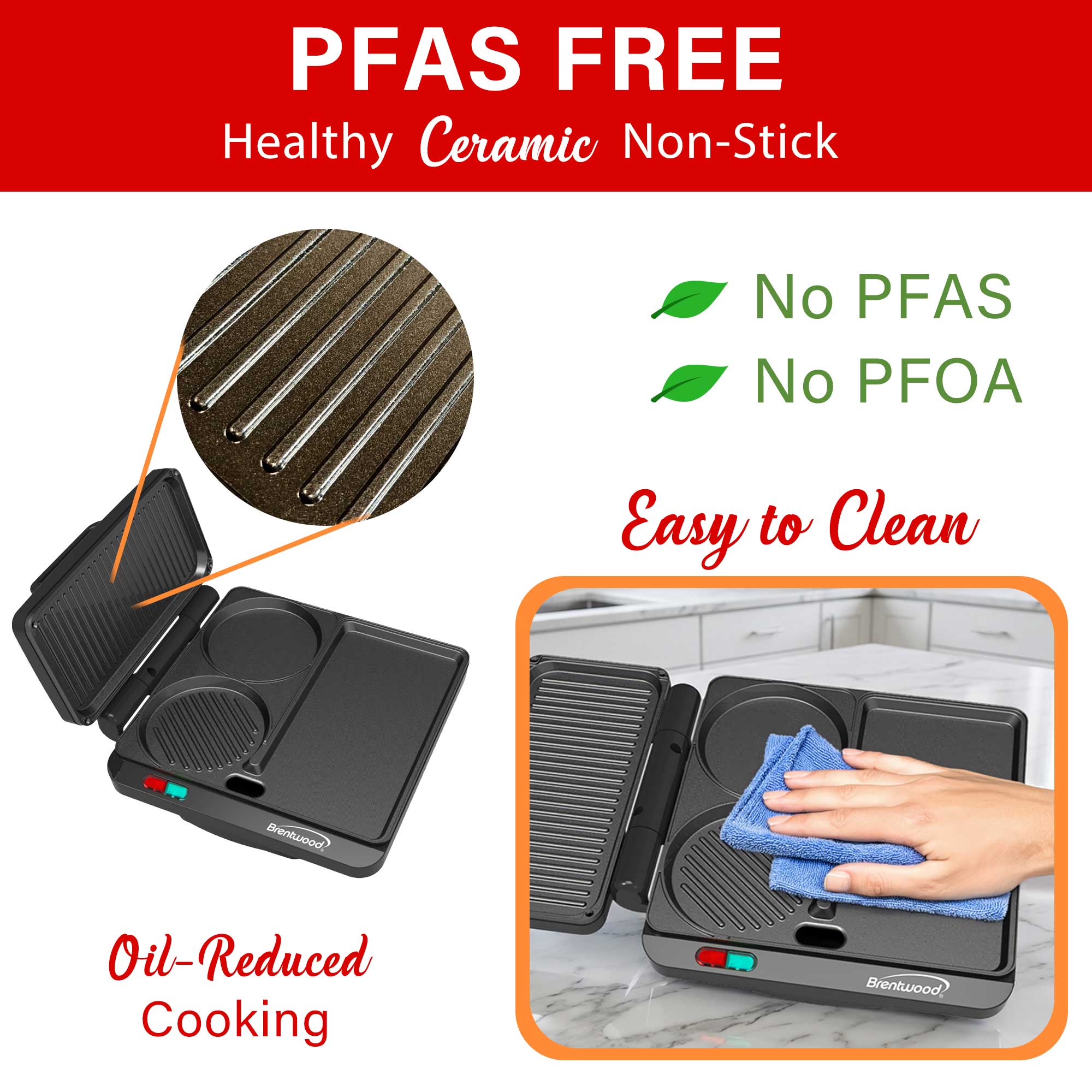 Brentwood TS-812BK 1000w Multipurpose Sandwich Maker and Hamburger Grill with Burger Press, Ceramic Non-Stick, and Cool Touch Housing, Black