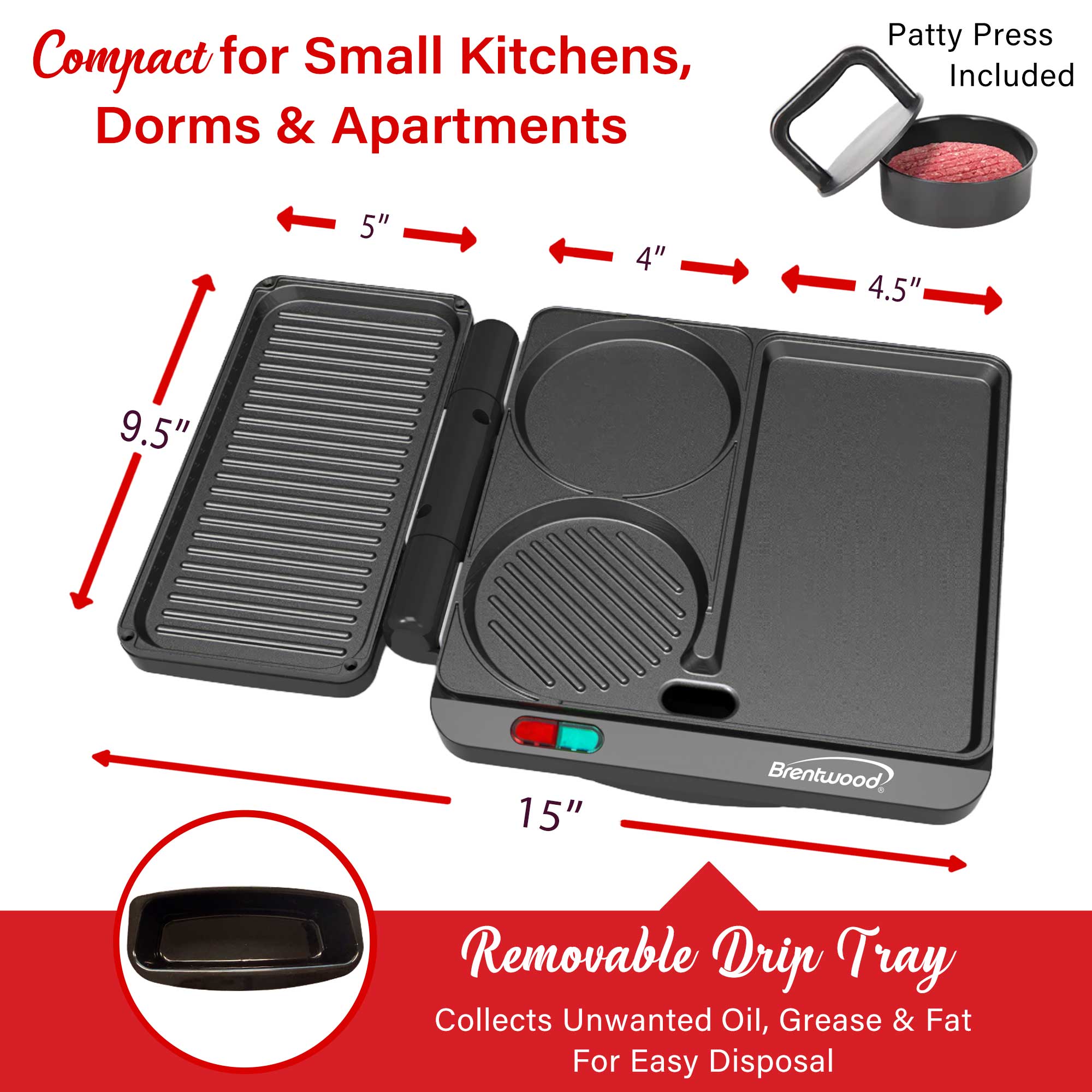 Brentwood TS-812BK 1000w Multipurpose Sandwich Maker and Hamburger Grill with Burger Press, Ceramic Non-Stick, and Cool Touch Housing, Black