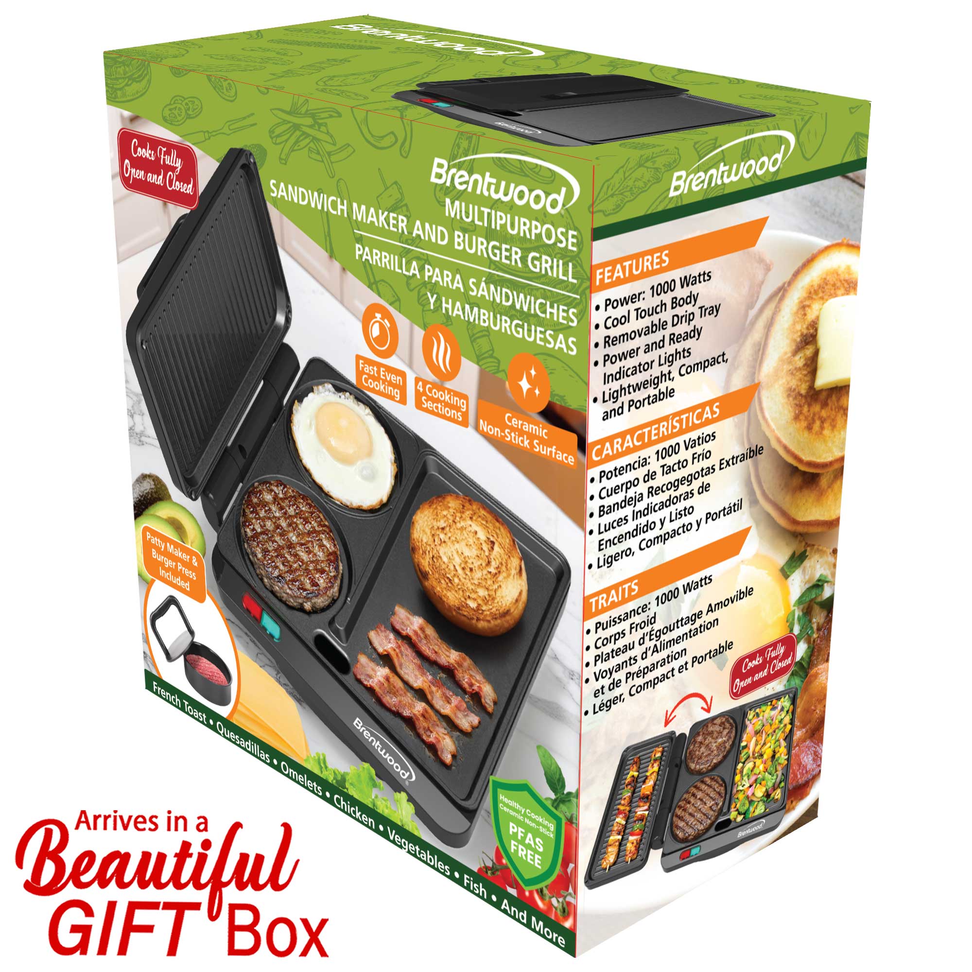 Brentwood TS-812BK 1000w Multipurpose Sandwich Maker and Hamburger Grill with Burger Press, Ceramic Non-Stick, and Cool Touch Housing, Black