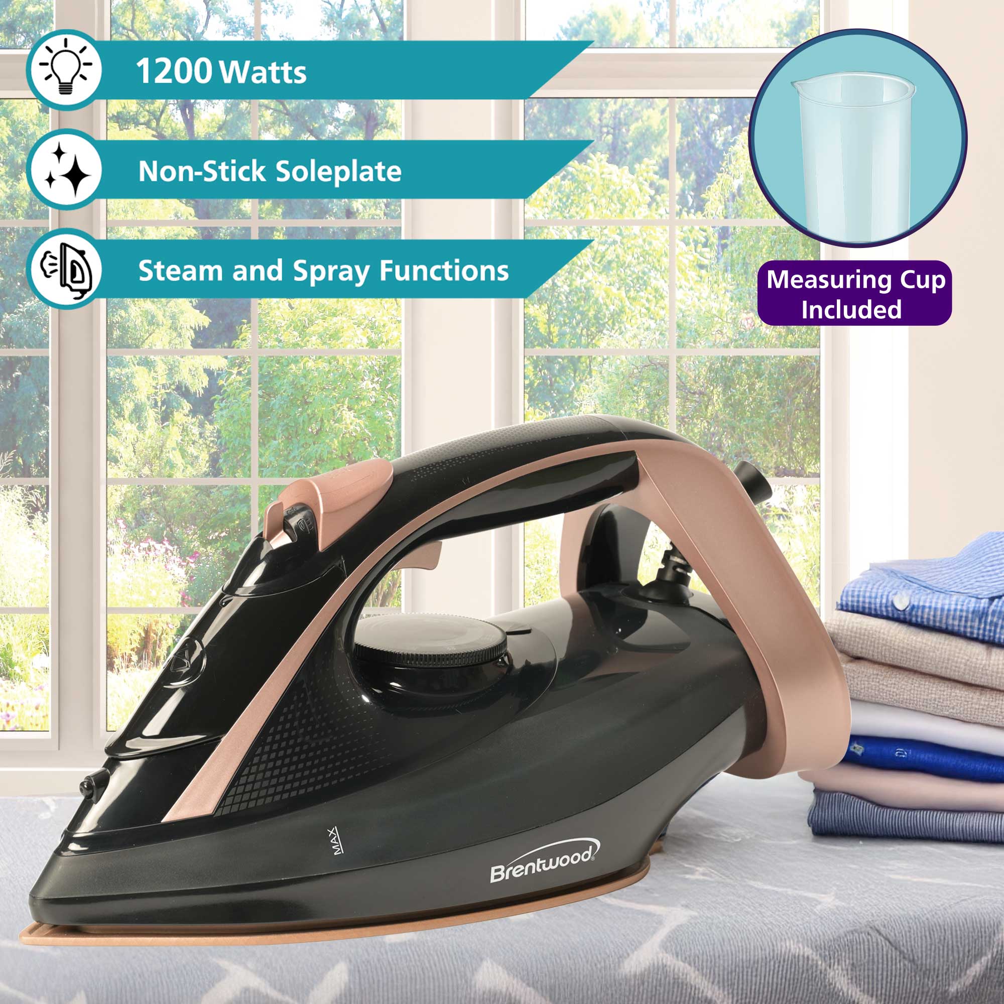 Brentwood MPI-69BKRG Non-Stick Steam Iron with Temperature Dial, Spray, and Self-Cleaning Functions, Black, Rose Gold