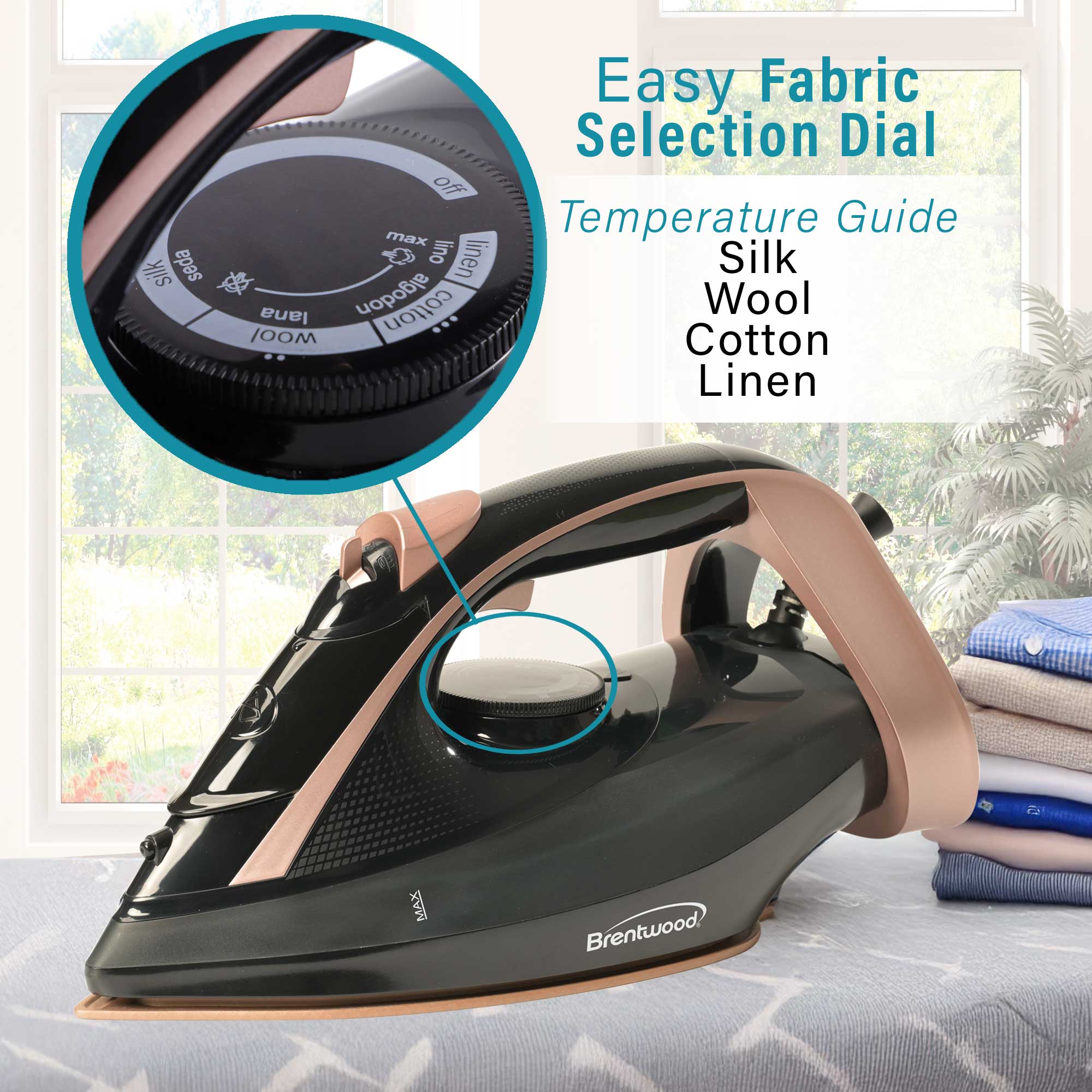 Brentwood MPI-69BKRG Non-Stick Steam Iron with Temperature Dial, Spray, and Self-Cleaning Functions, Black, Rose Gold