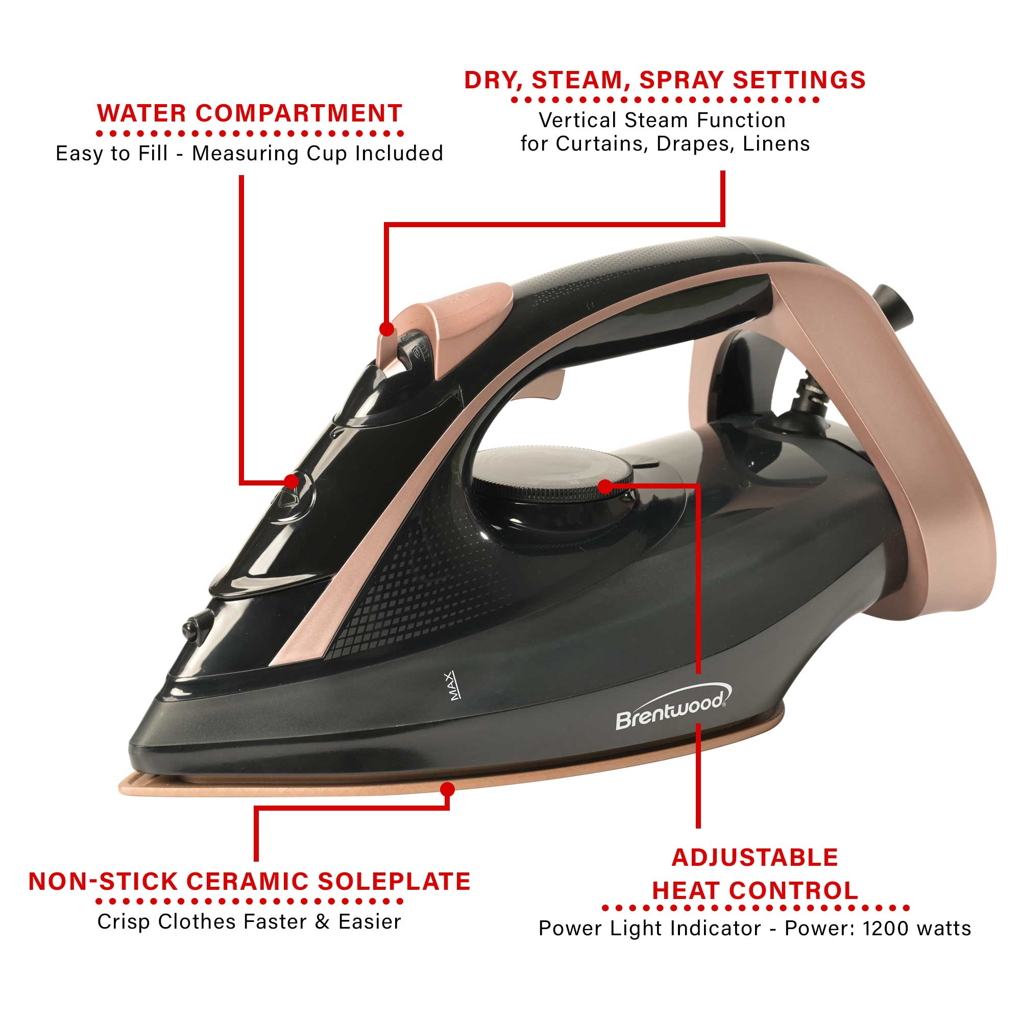 Brentwood MPI-69BKRG Non-Stick Steam Iron with Temperature Dial, Spray, and Self-Cleaning Functions, Black, Rose Gold