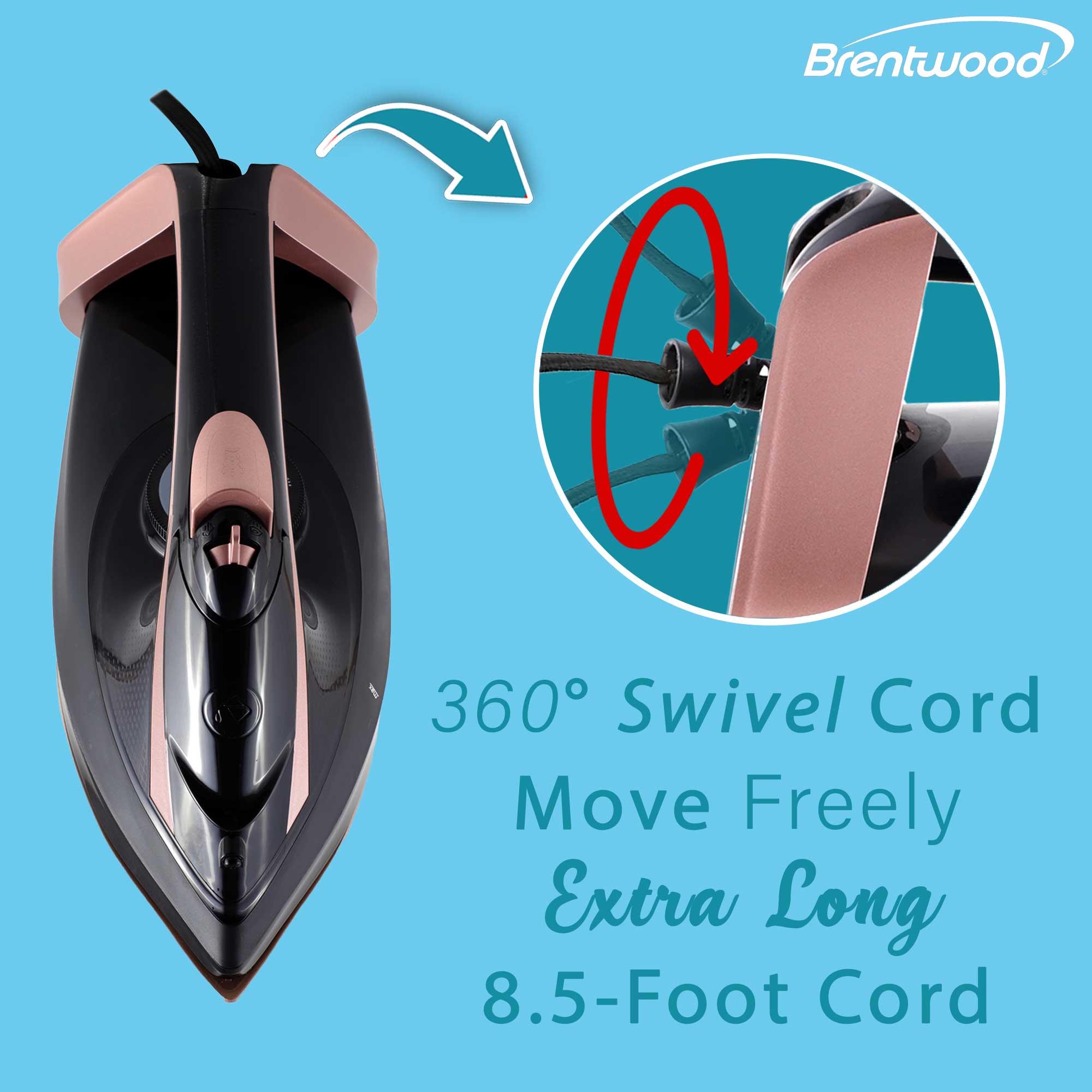 Brentwood MPI-69BKRG Non-Stick Steam Iron with Temperature Dial, Spray, and Self-Cleaning Functions, Black, Rose Gold