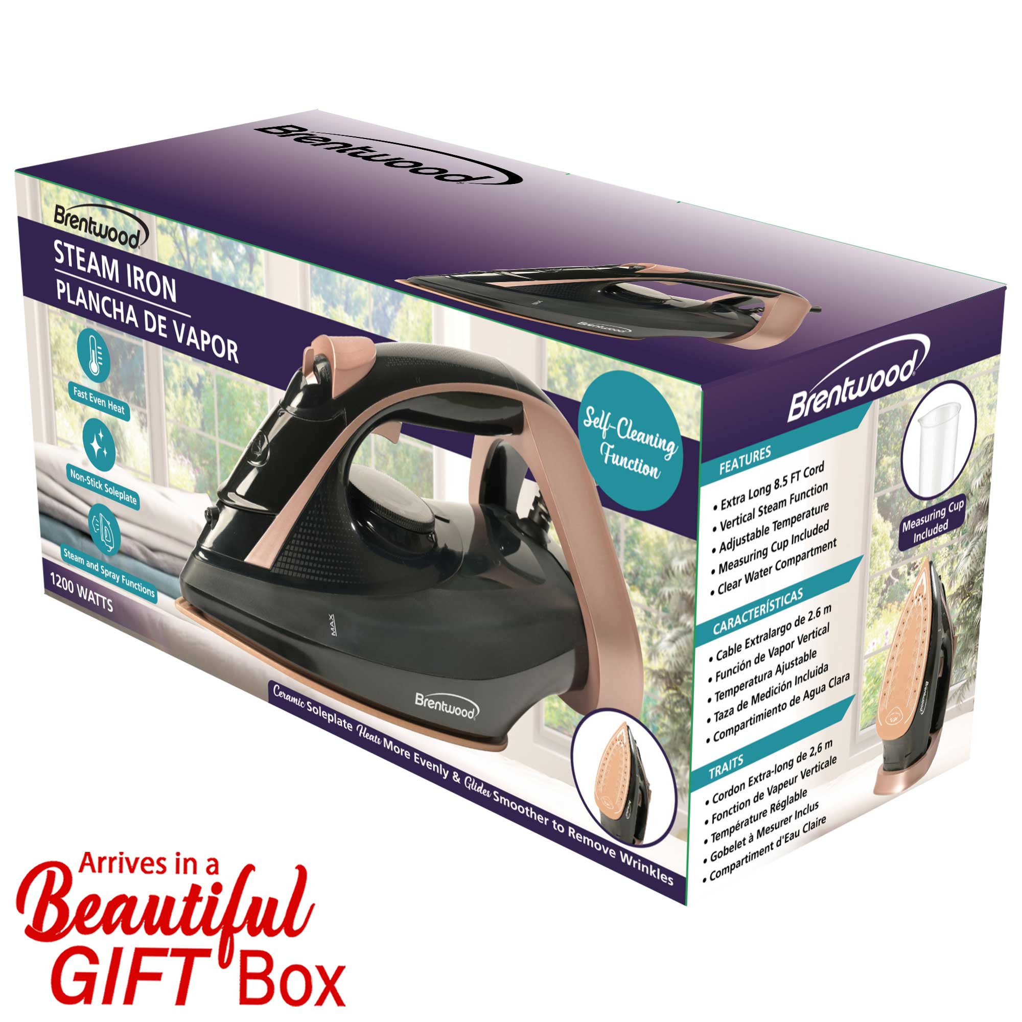 Brentwood MPI-69BKRG Non-Stick Steam Iron with Temperature Dial, Spray, and Self-Cleaning Functions, Black, Rose Gold