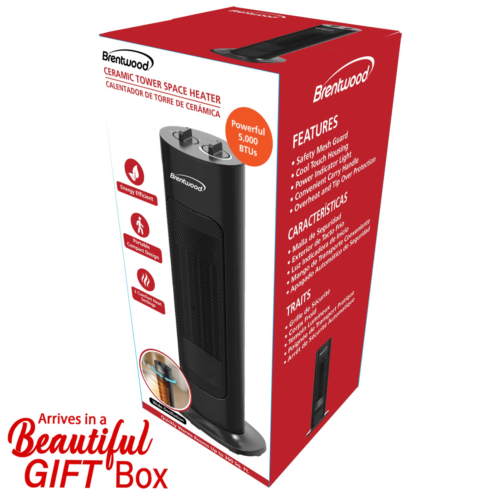 Brentwood H-C1618BK 1500-Watt Portable Oscillating Ceramic Tower Space Heater, Black