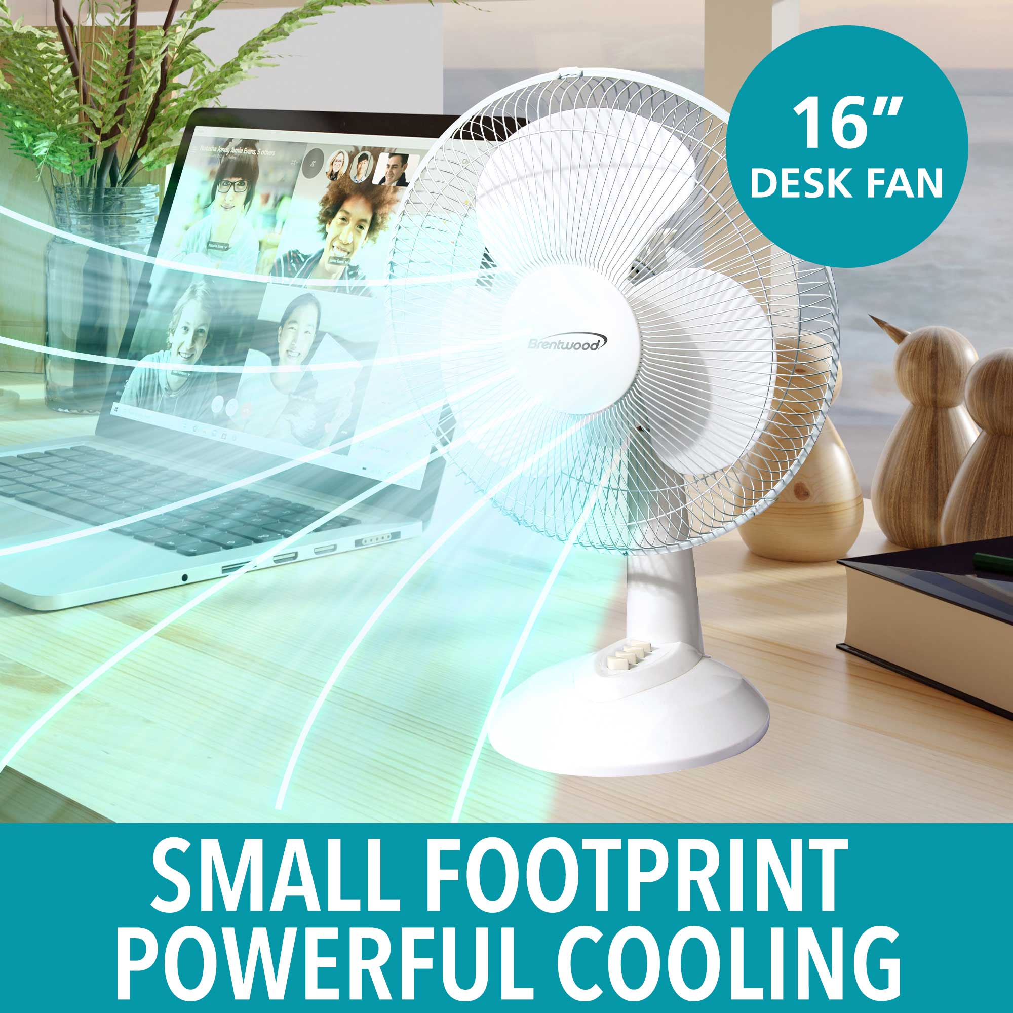 Brentwood Kool Zone F-16DW 3-Speed 16” Oscillating Desk Fan, White