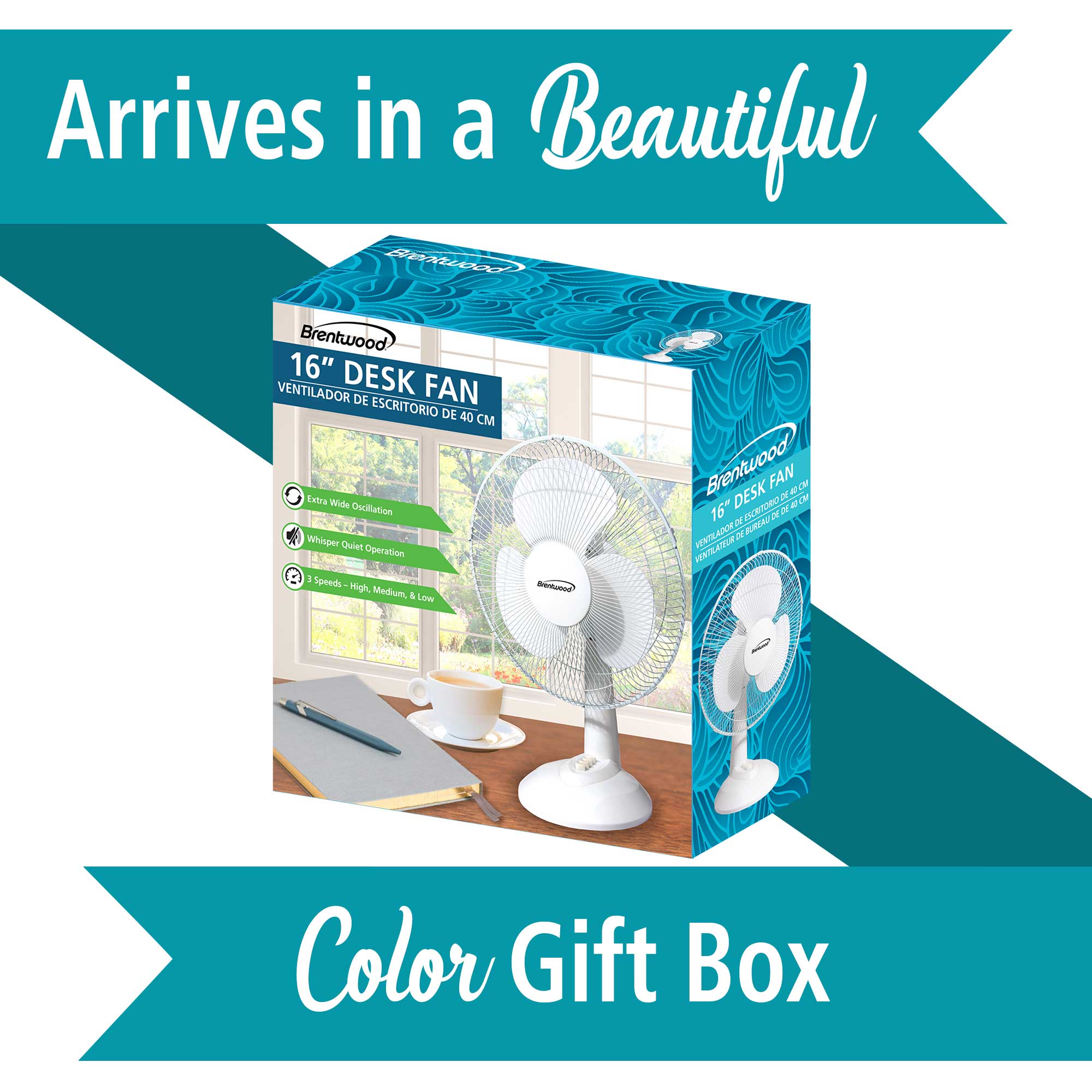 Brentwood Kool Zone F-16DW 3-Speed 16” Oscillating Desk Fan, White