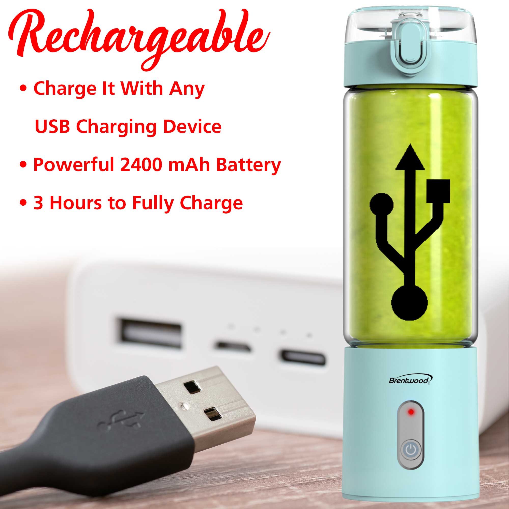 Brentwood RJB-100BL 17oz Portable Battery Operated USB Glass