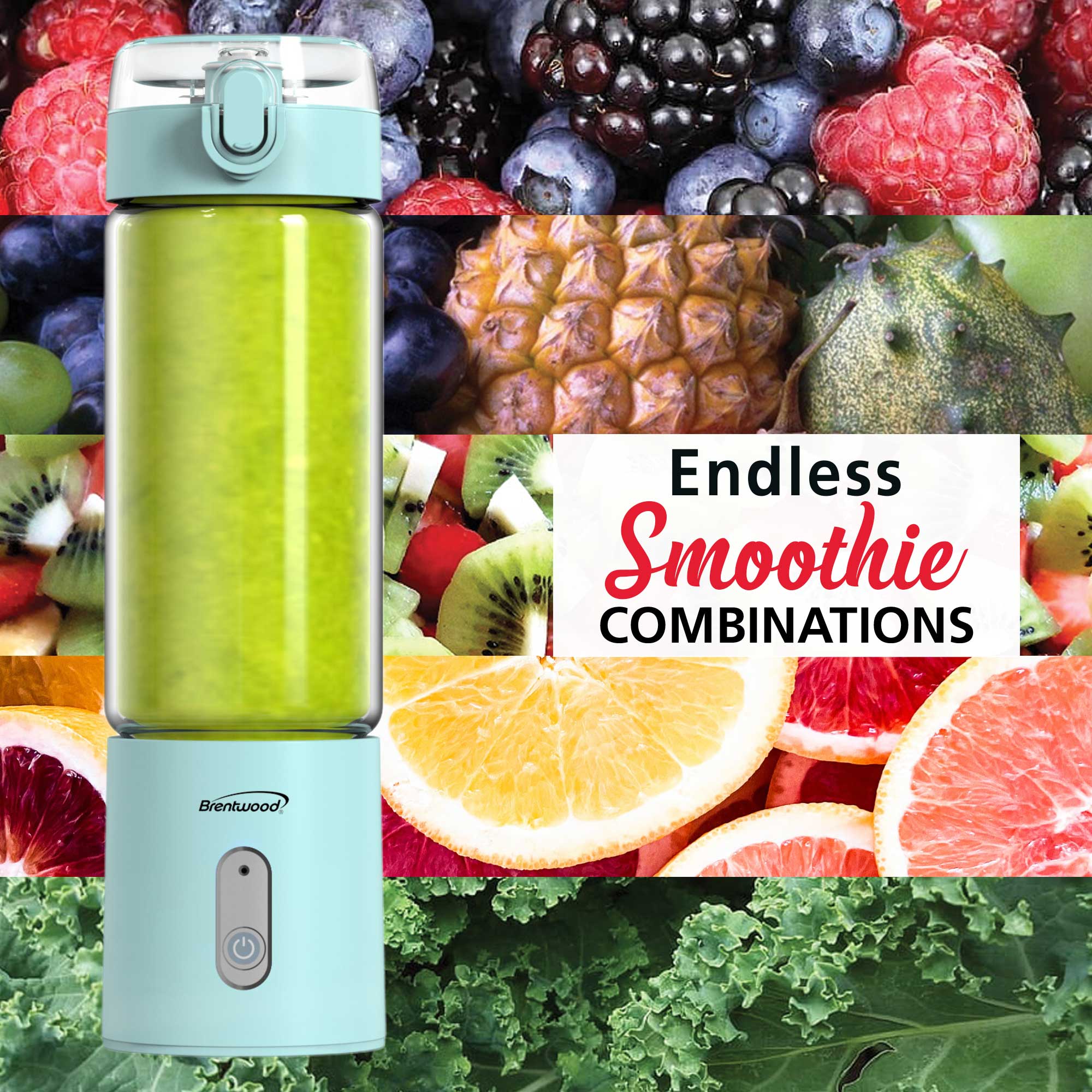 Brentwood RJB-100BL 17oz Portable Battery Operated USB Glass Blender, Blue