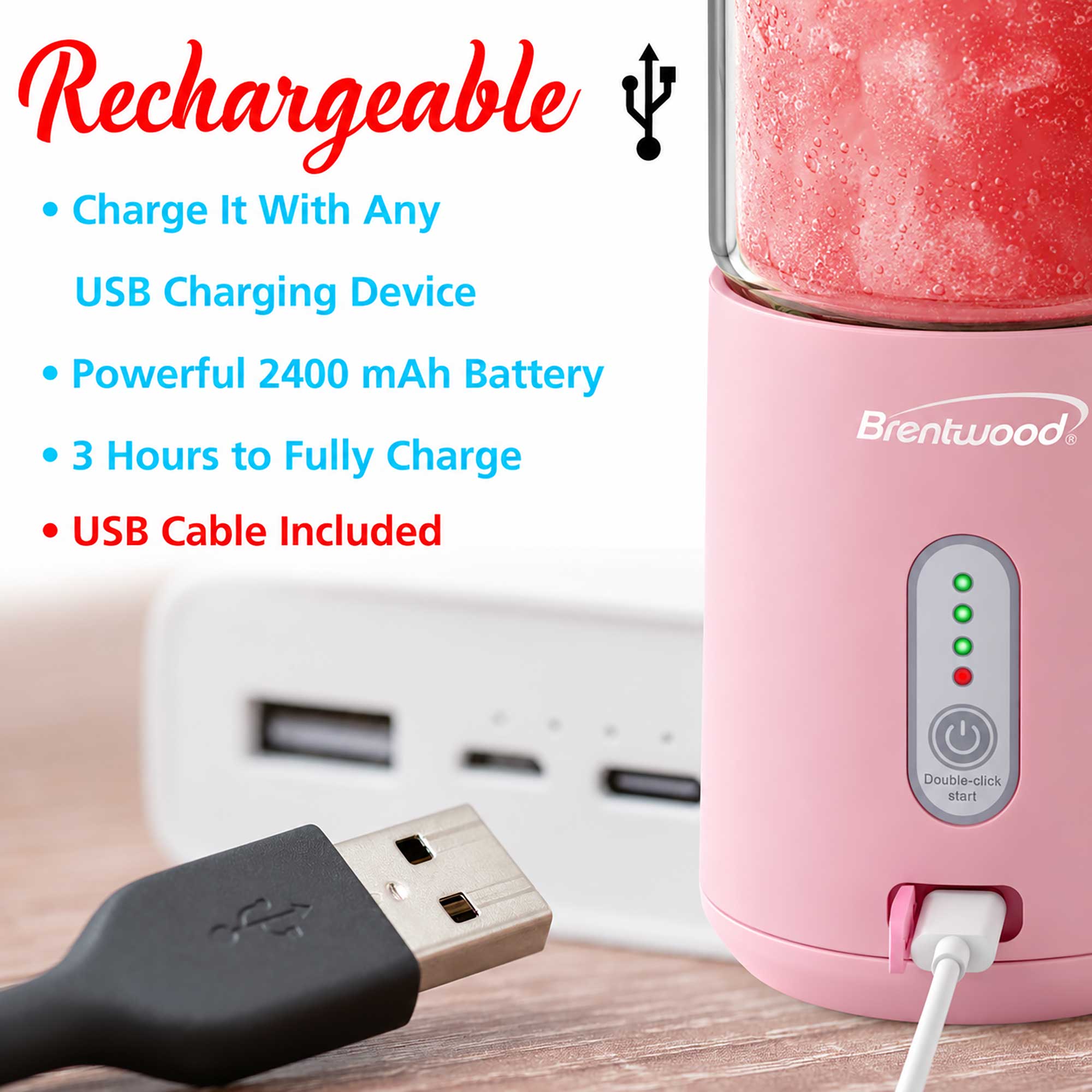 Brentwood RJB-100PK 17oz Portable Battery Operated USB Glass Blender, Pink