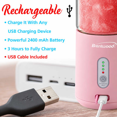 Brentwood RJB-100PK 17oz Portable Battery Operated USB Glass Blender, Pink