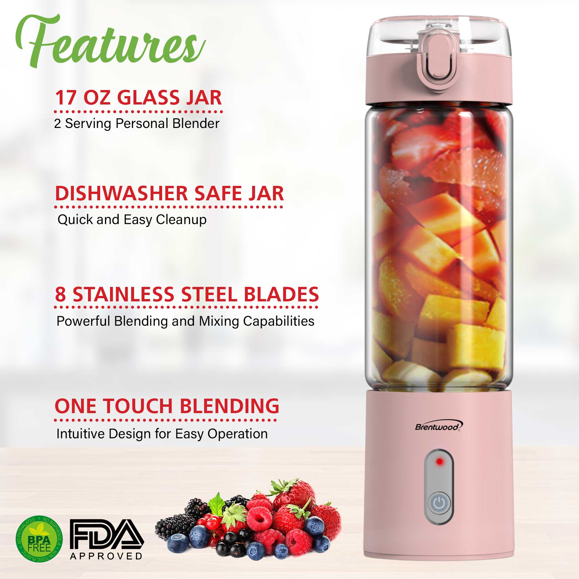 Brentwood RJB-100PK 17oz Portable Battery Operated USB Glass Blender, Pink