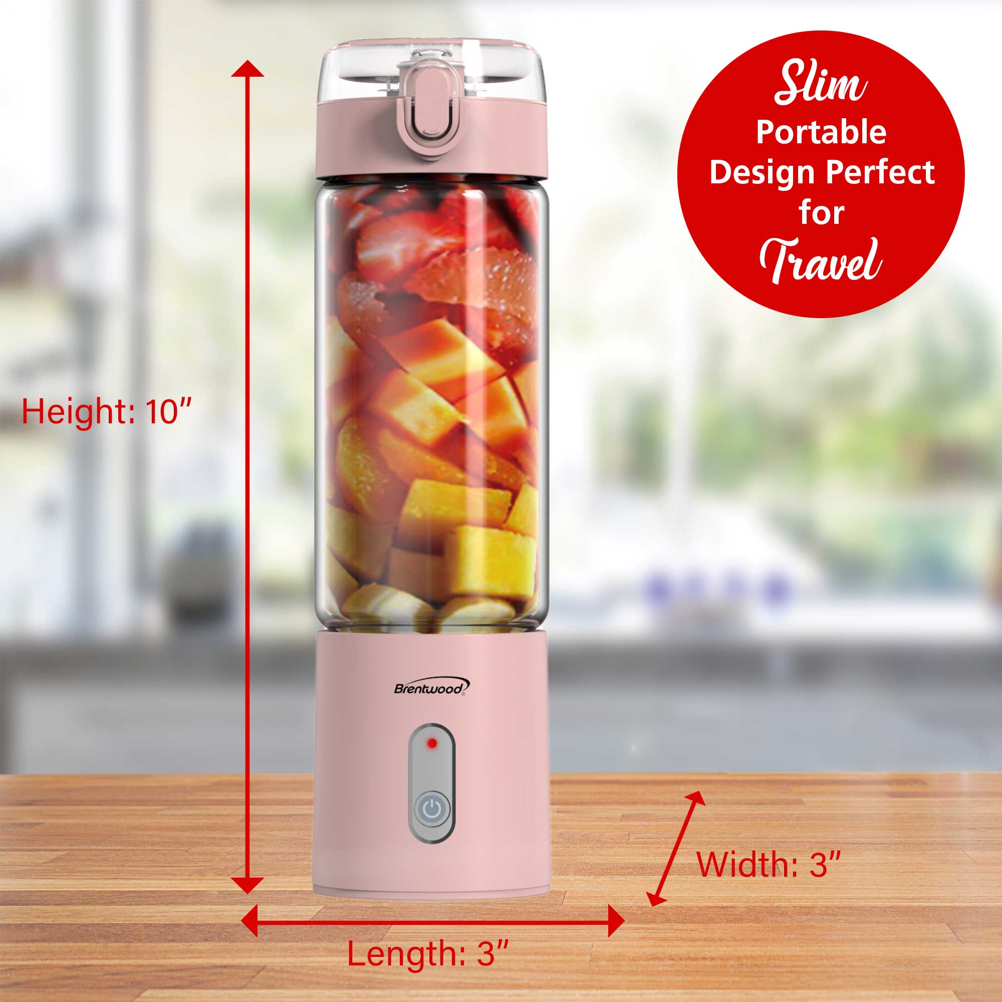 Brentwood RJB-100PK 17oz Portable Battery Operated USB Glass Blender, Pink