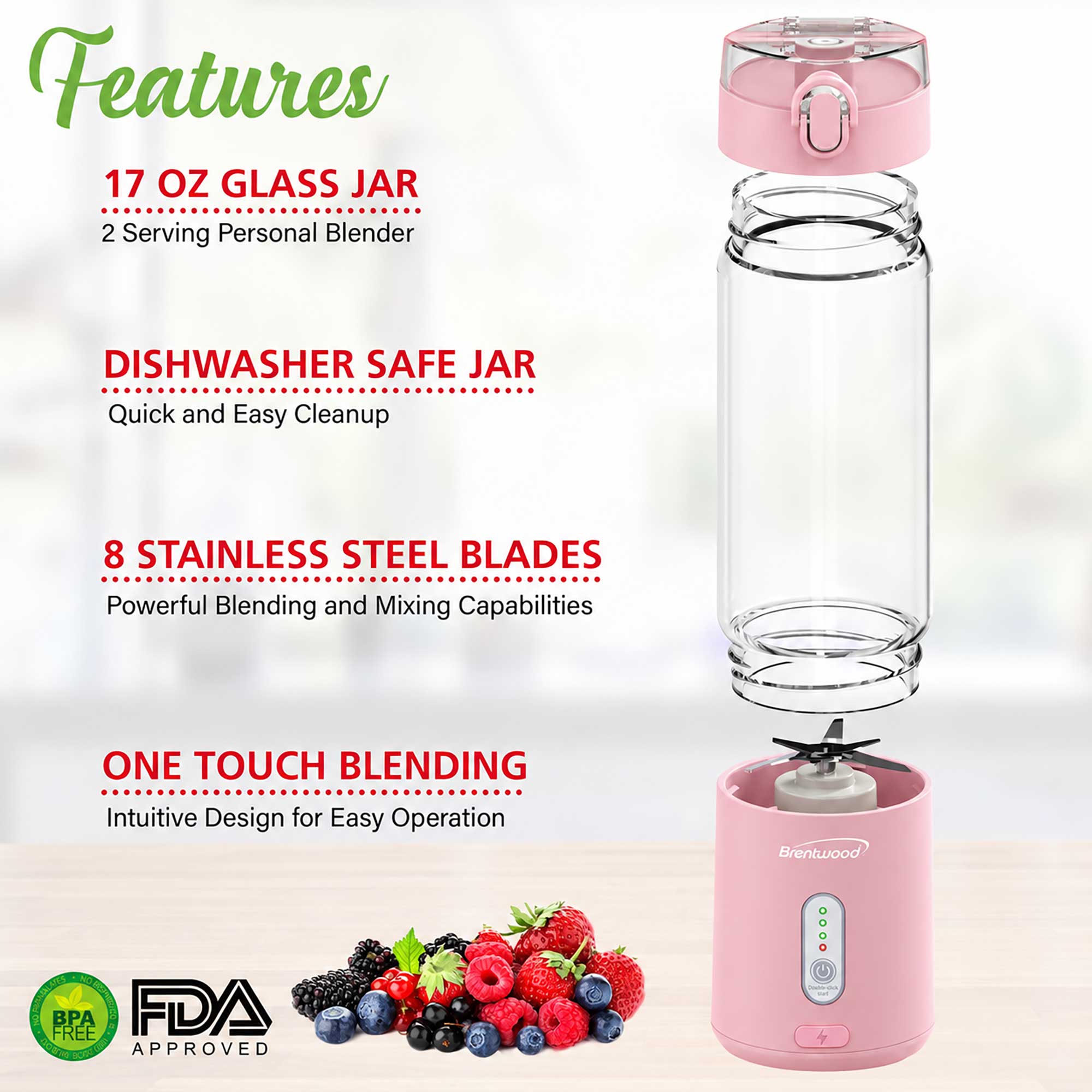 Brentwood RJB-100PK 17oz Portable Battery Operated USB Glass Blender, Pink