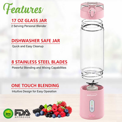 Brentwood RJB-100PK 17oz Portable Battery Operated USB Glass Blender, Pink