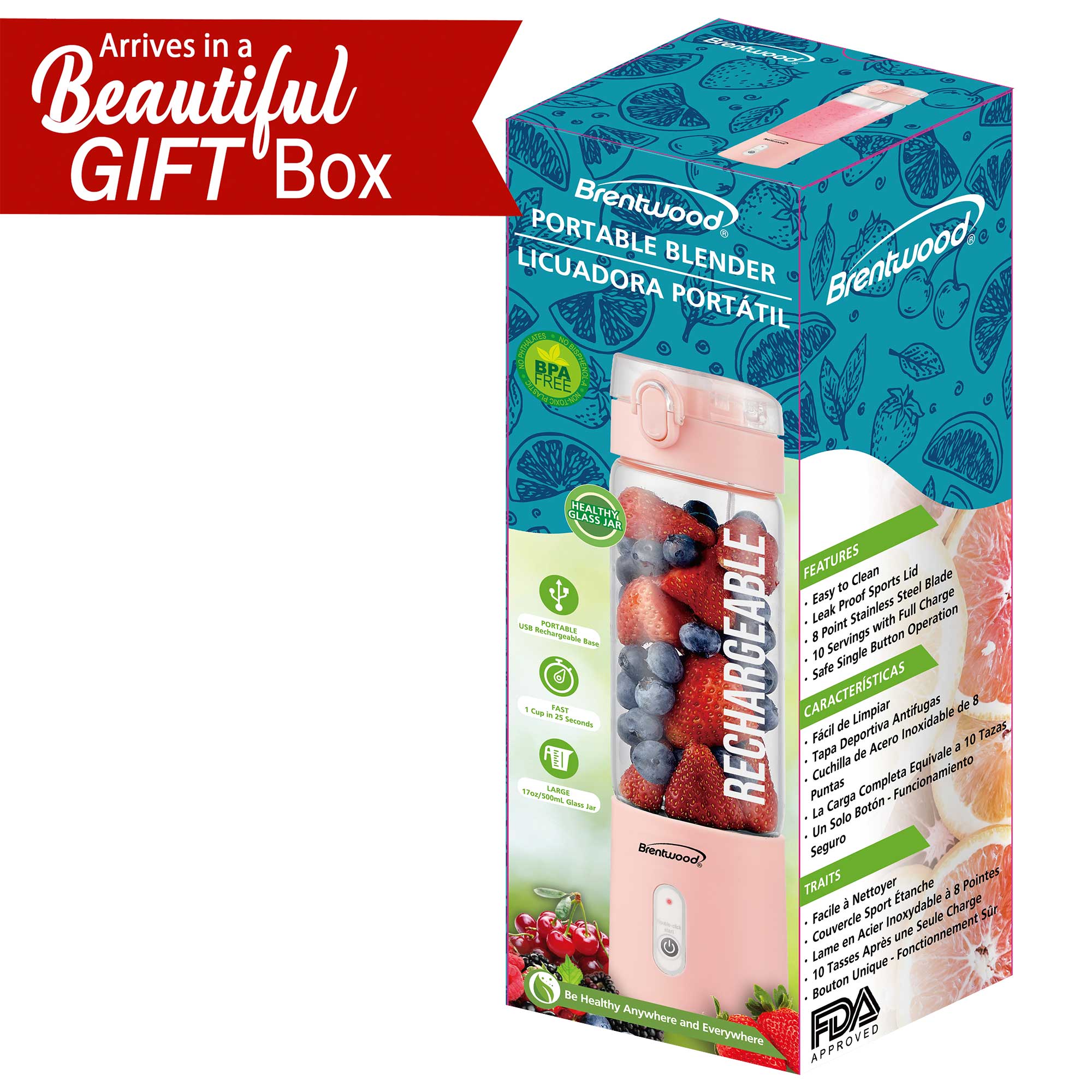 Brentwood RJB-100PK 17oz Portable Battery Operated USB Glass Blender, Pink