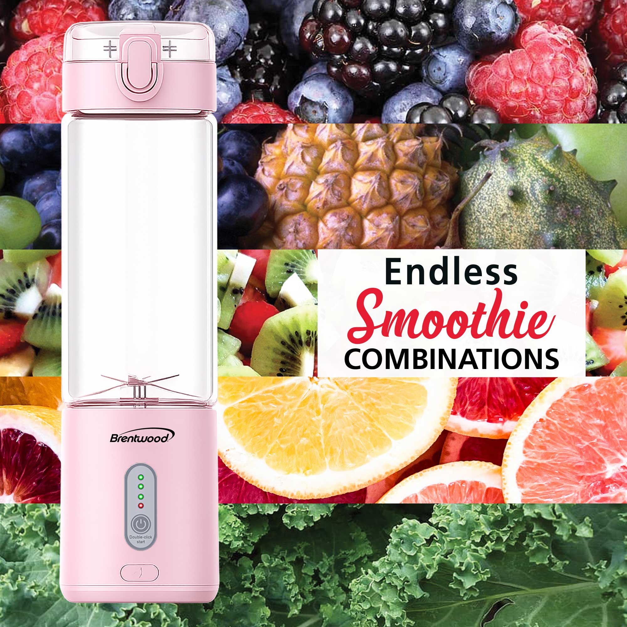 Brentwood RJB-100PK 17oz Portable Battery Operated USB Glass Blender, Pink