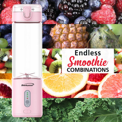 Brentwood RJB-100PK 17oz Portable Battery Operated USB Glass Blender, Pink