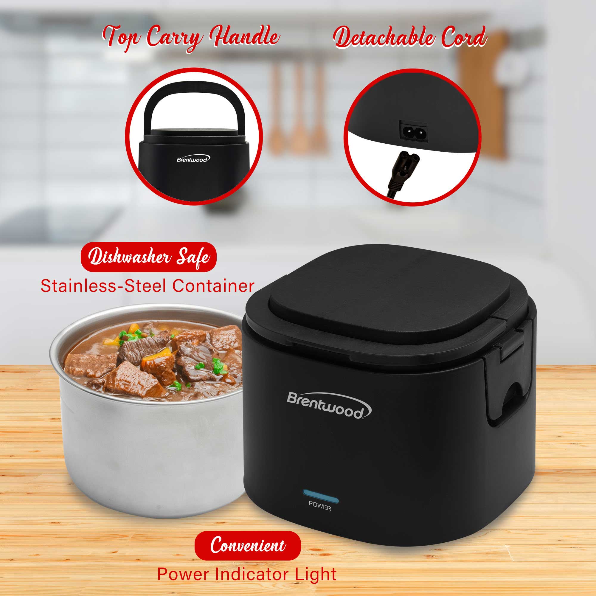 Brentwood ELB-600BK 110V 50W 0.6L Portable Leakproof Electric Lunch Box Food Warmer, Black