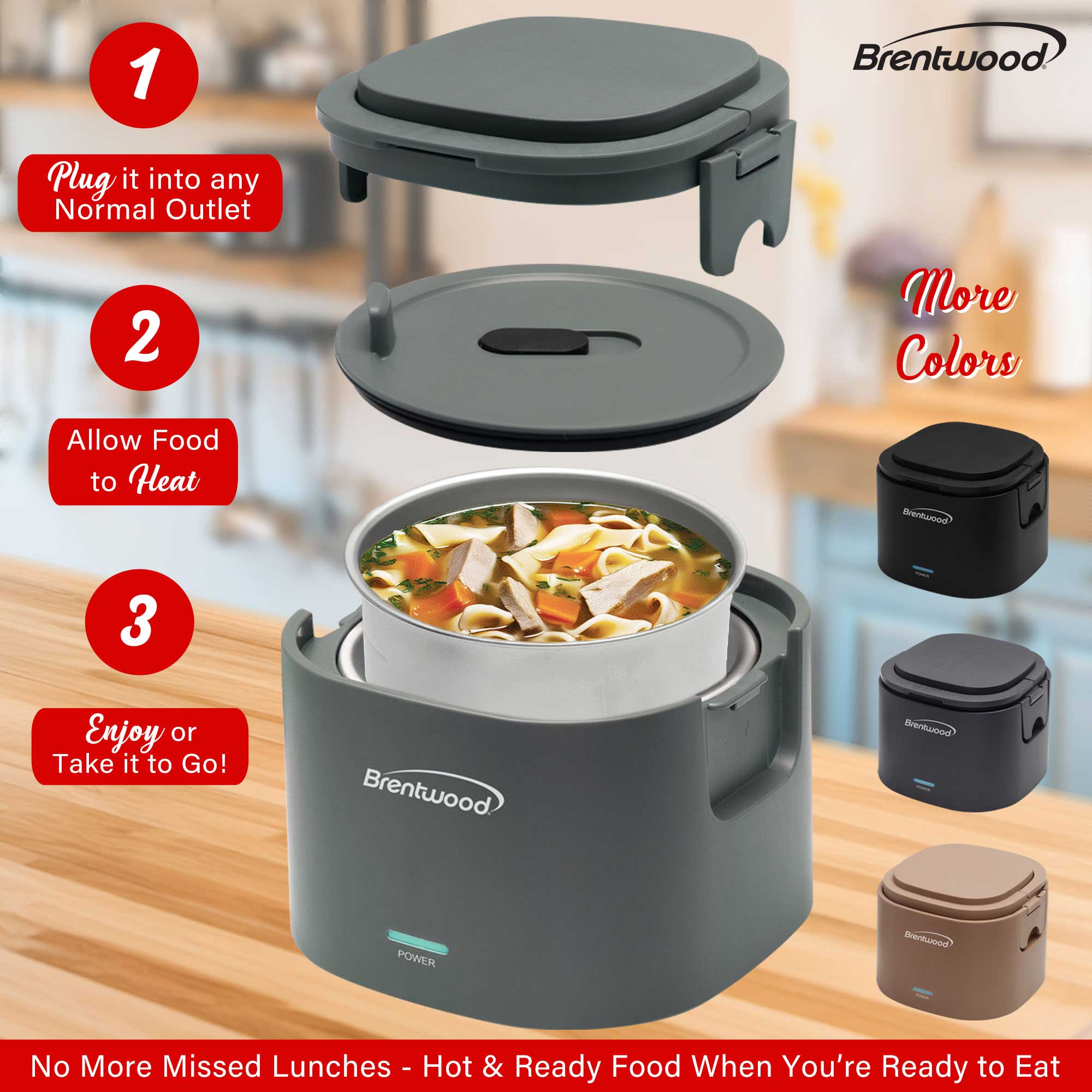 Brentwood ELB-600GRY 110V 50W 0.6L Portable Leakproof Electric Lunch Box Food Warmer, Gray