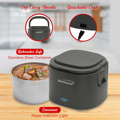 Brentwood ELB-600GRY 110V 50W 0.6L Portable Leakproof Electric Lunch Box Food Warmer, Gray