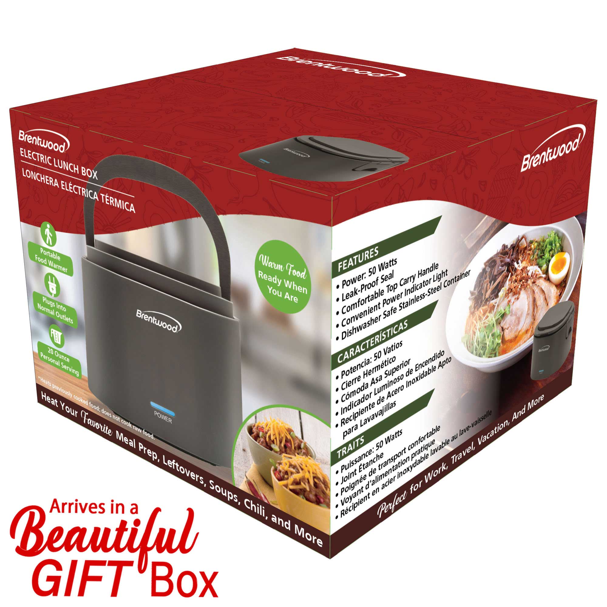 Brentwood ELB-600GRY 110V 50W 0.6L Portable Leakproof Electric Lunch Box Food Warmer, Gray