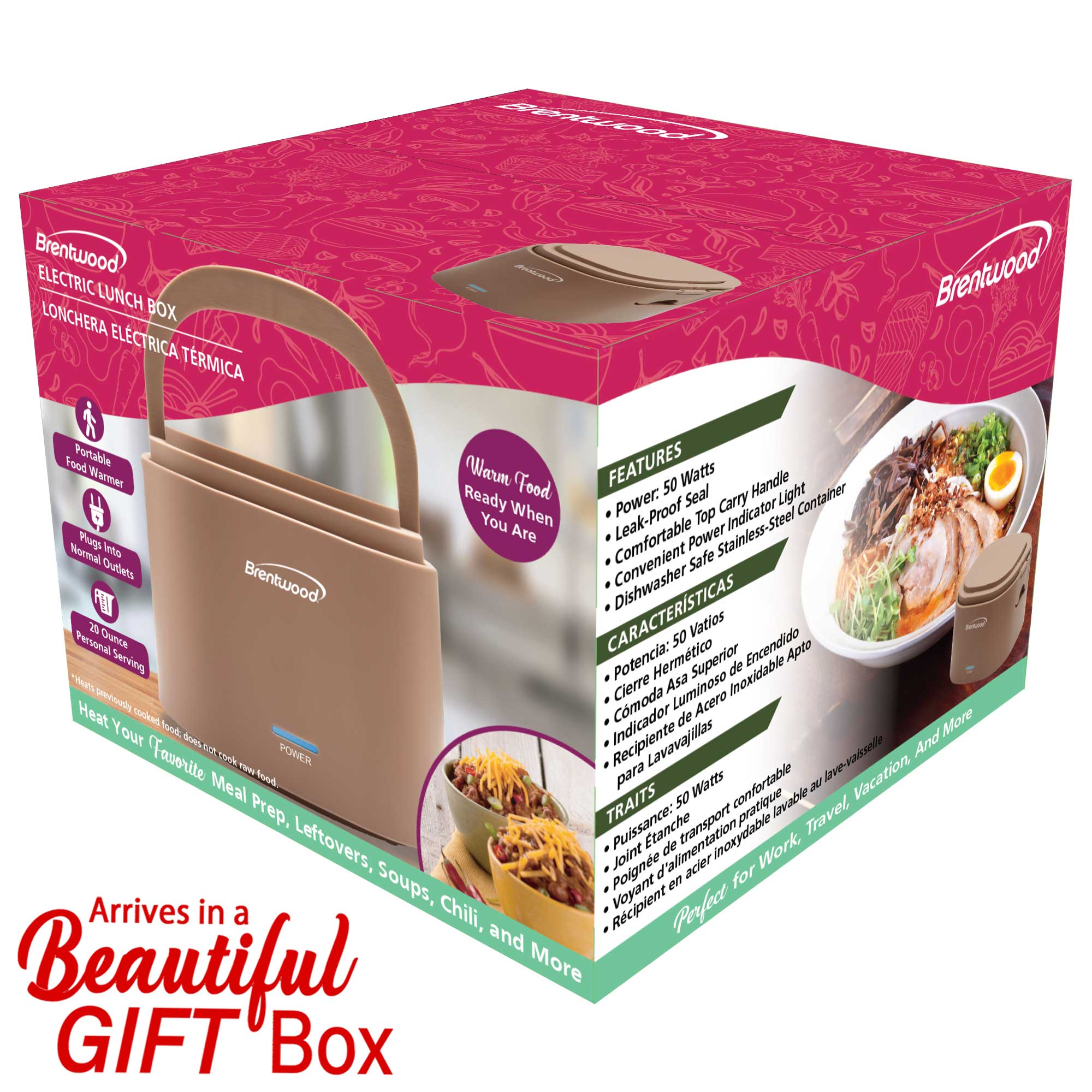 Brentwood ELB-600PK 110V 50W 0.6L Portable Leakproof Electric Lunch Box Food Warmer, Pink