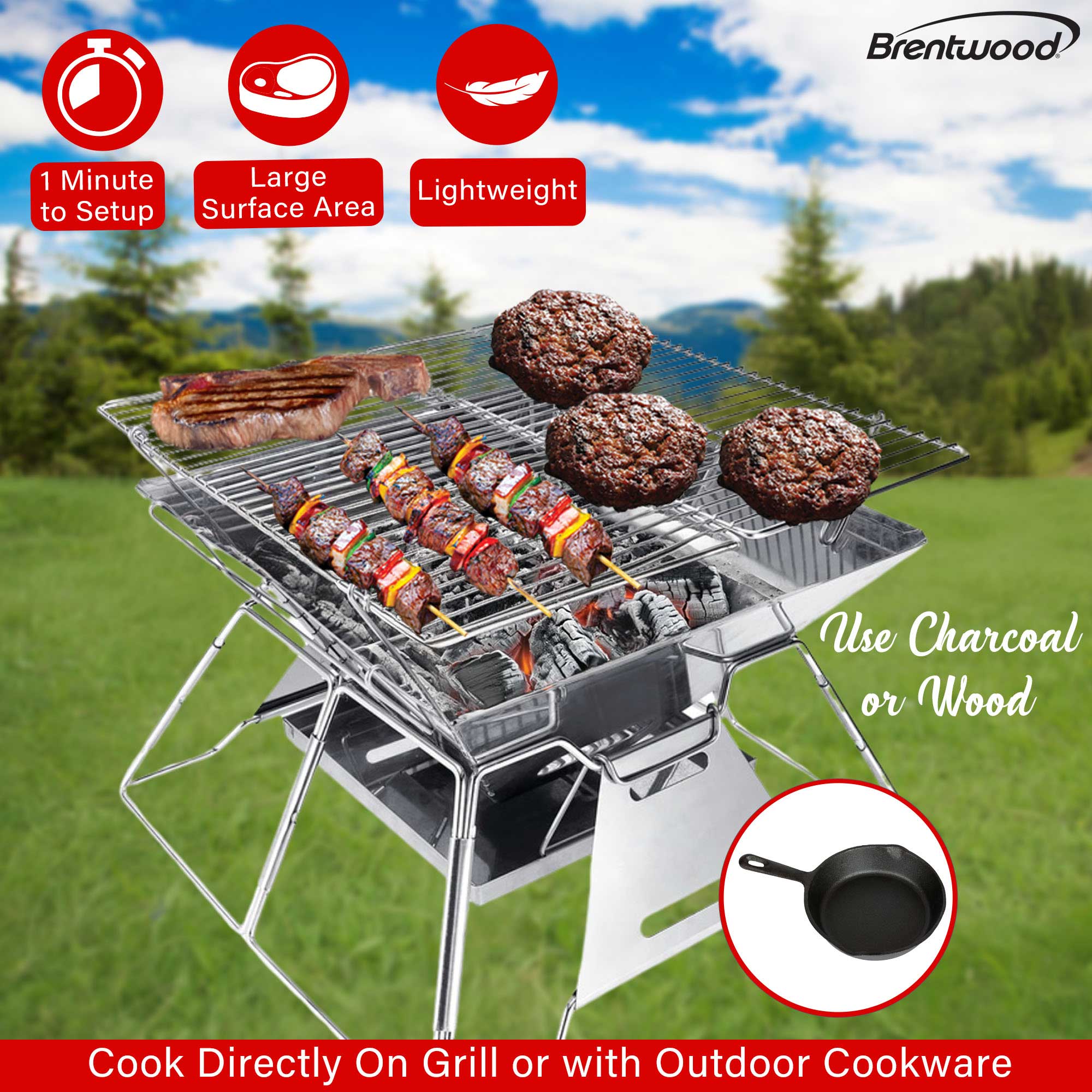 Brentwood BB-4X14SS 14” x 14” Portable Stainless Steel Folding Charcoal BBQ Grill and Outdoor Fire Pit with Carry Bag