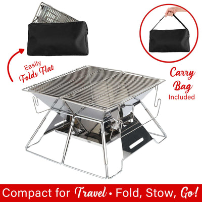 Brentwood BB-4X14SS 14” x 14” Portable Stainless Steel Folding Charcoal BBQ Grill and Outdoor Fire Pit with Carry Bag