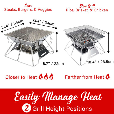 Brentwood BB-4X14SS 14” x 14” Portable Stainless Steel Folding Charcoal BBQ Grill and Outdoor Fire Pit with Carry Bag