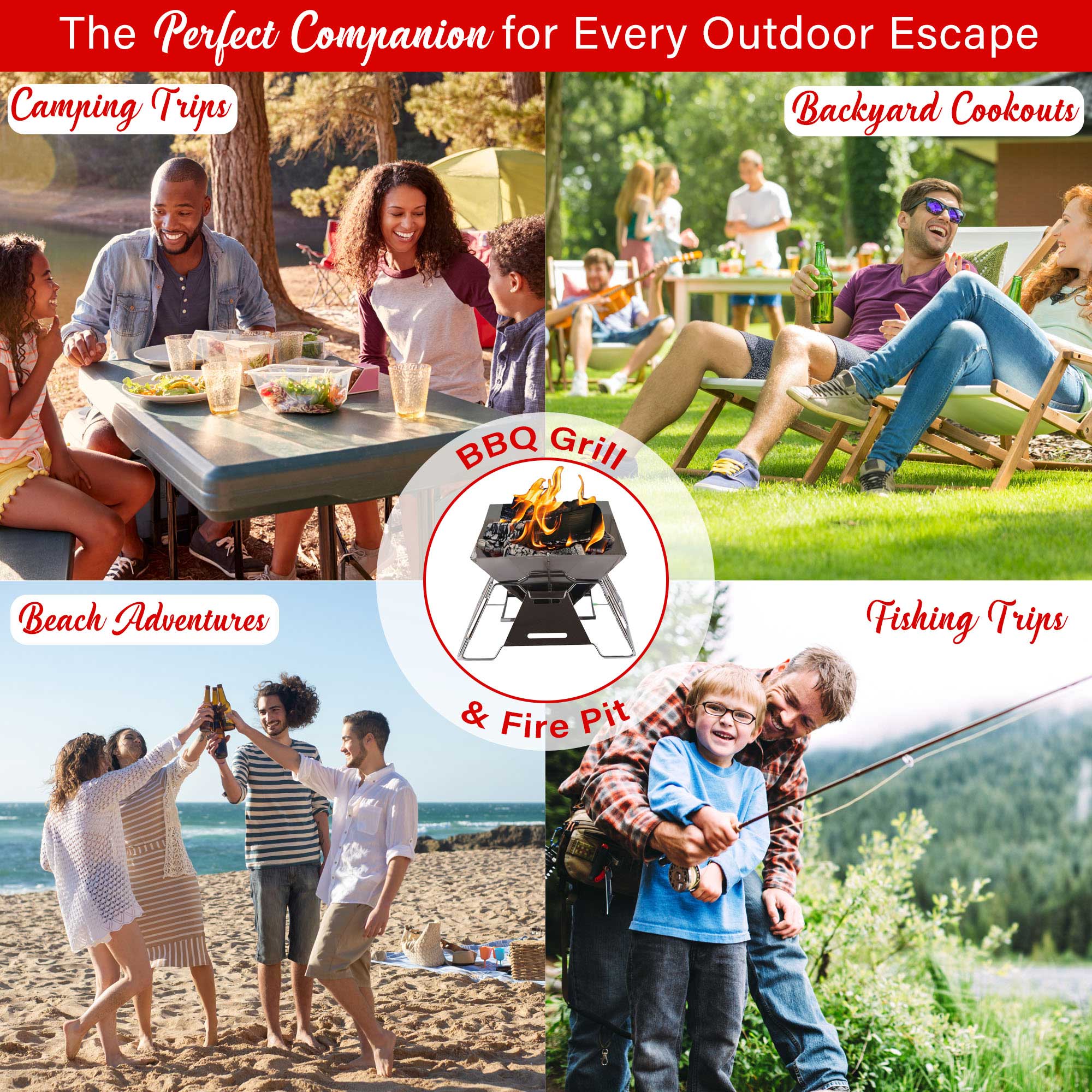 Brentwood BB-4X14SS 14” x 14” Portable Stainless Steel Folding Charcoal BBQ Grill and Outdoor Fire Pit with Carry Bag