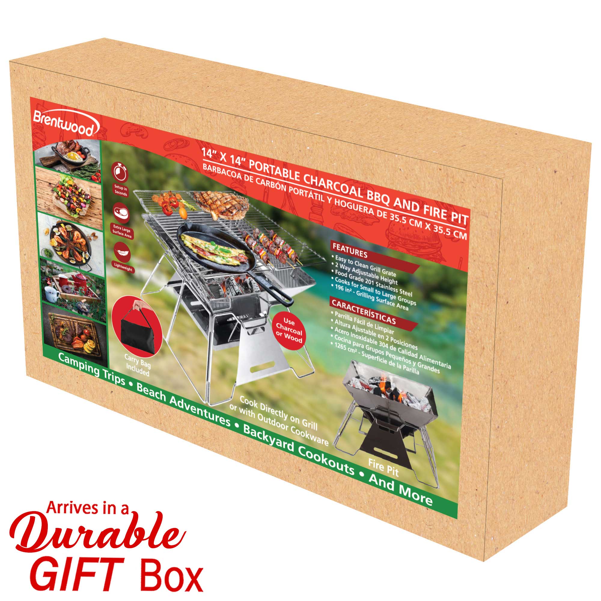 Brentwood BB-4X14SS 14” x 14” Portable Stainless Steel Folding Charcoal BBQ Grill and Outdoor Fire Pit with Carry Bag