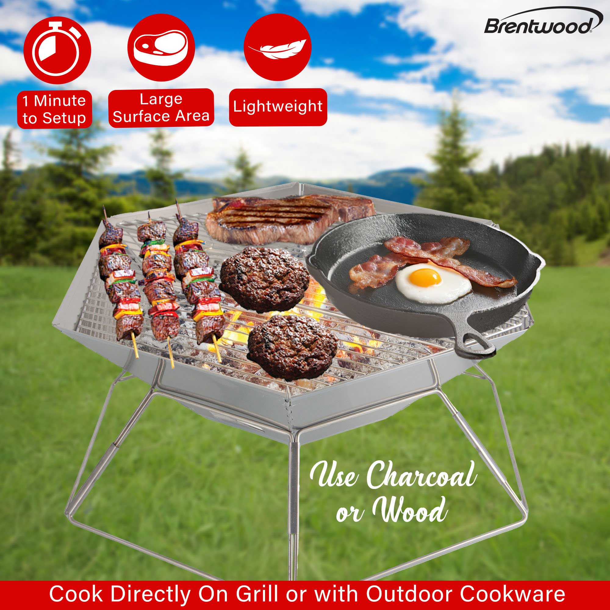 Brentwood BB-6X20SS 20” Portable Stainless Steel Folding Charcoal BBQ Grill and Outdoor Fire Pit with Carry Bag