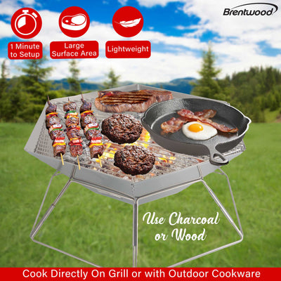 Brentwood BB-6X20SS 20” Portable Stainless Steel Folding Charcoal BBQ Grill and Outdoor Fire Pit with Carry Bag