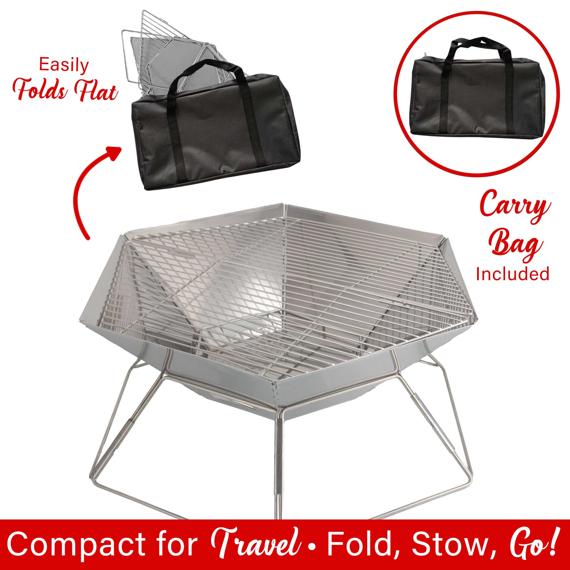 Brentwood BB-6X20SS 20” Portable Stainless Steel Folding Charcoal BBQ Grill and Outdoor Fire Pit with Carry Bag